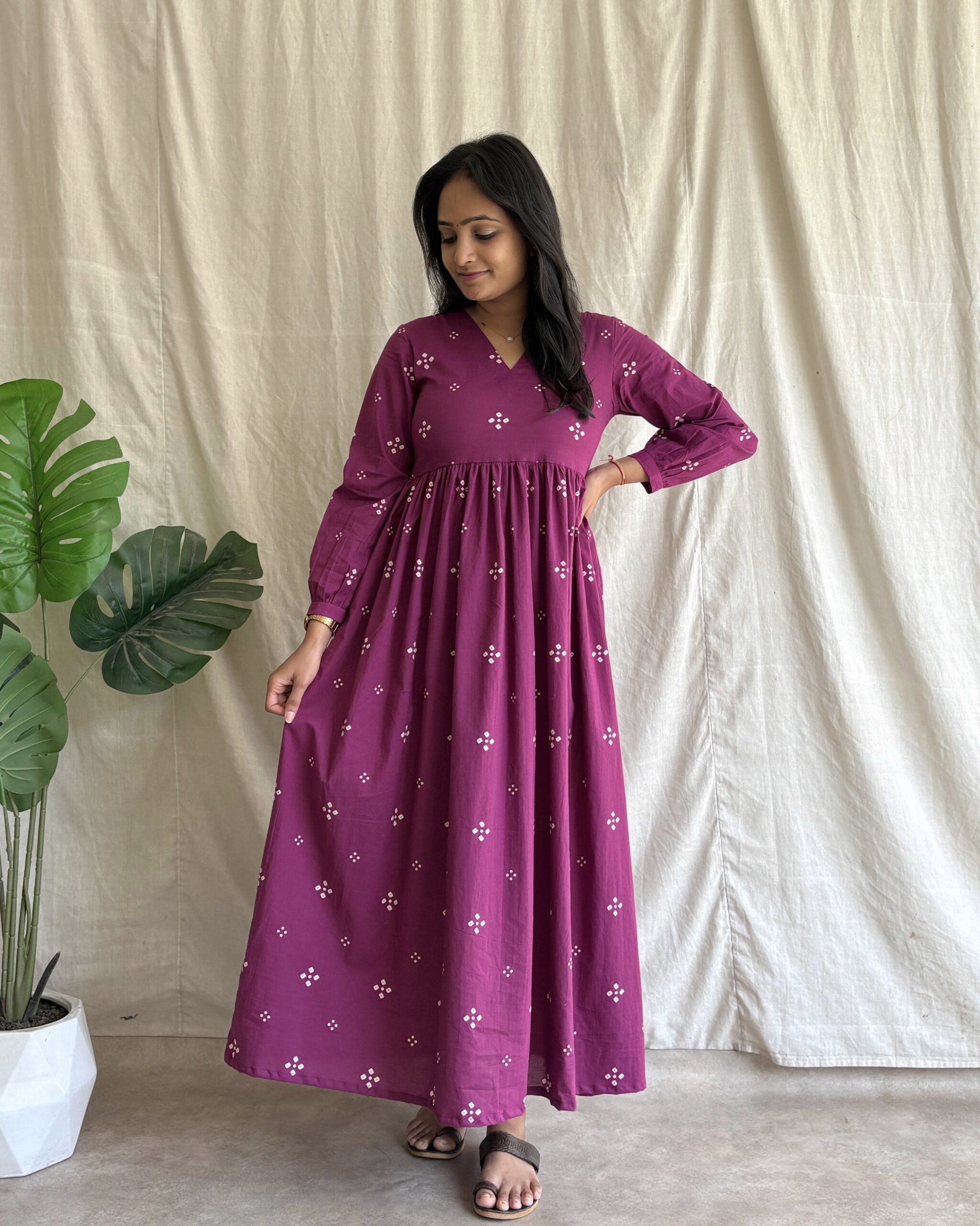 Purple bandhani print cotton maxi dress