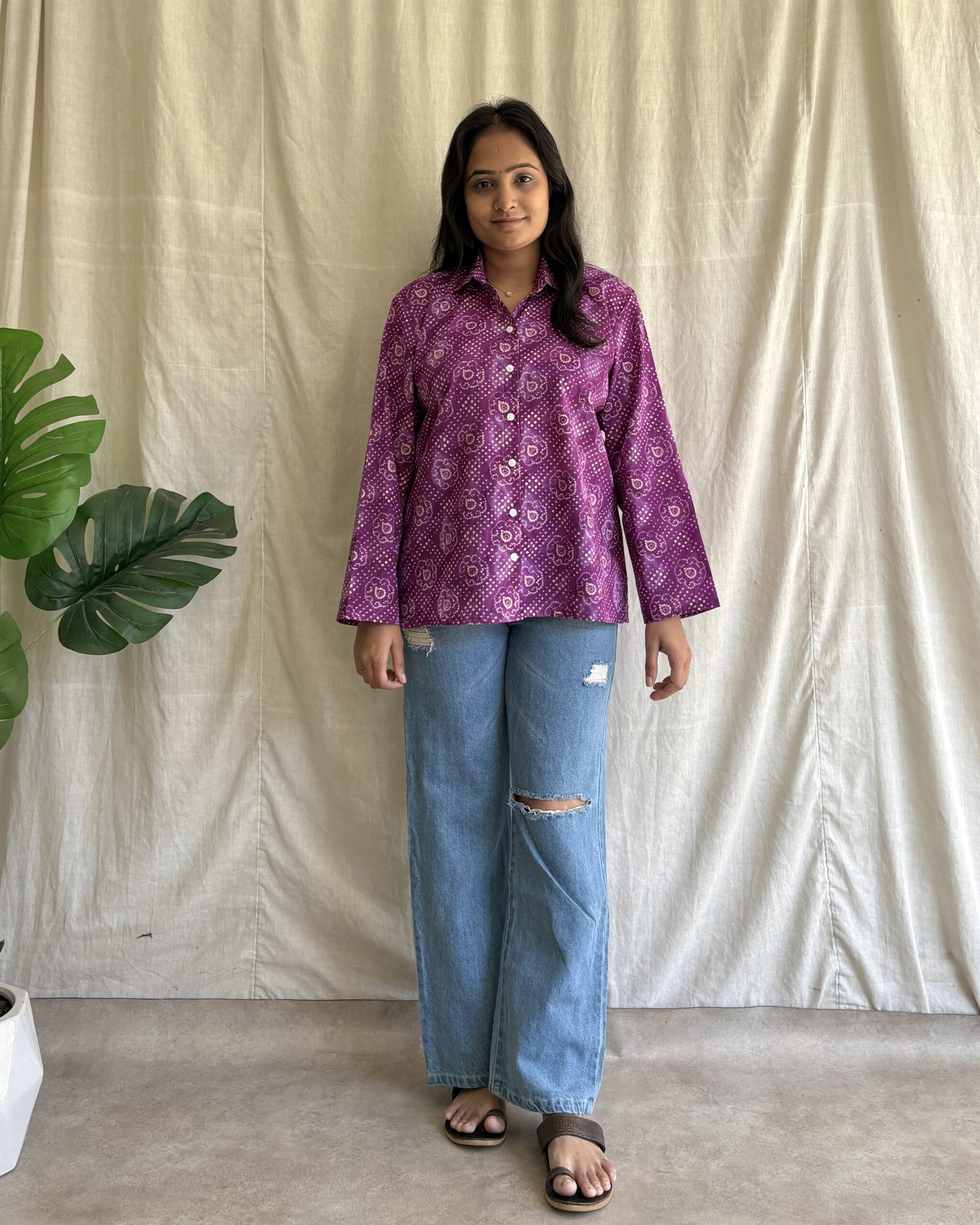 Purple bandhani print cotton shirt