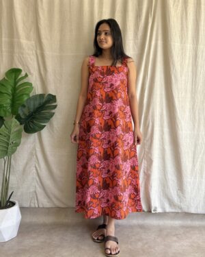 Orange floral print a line dress