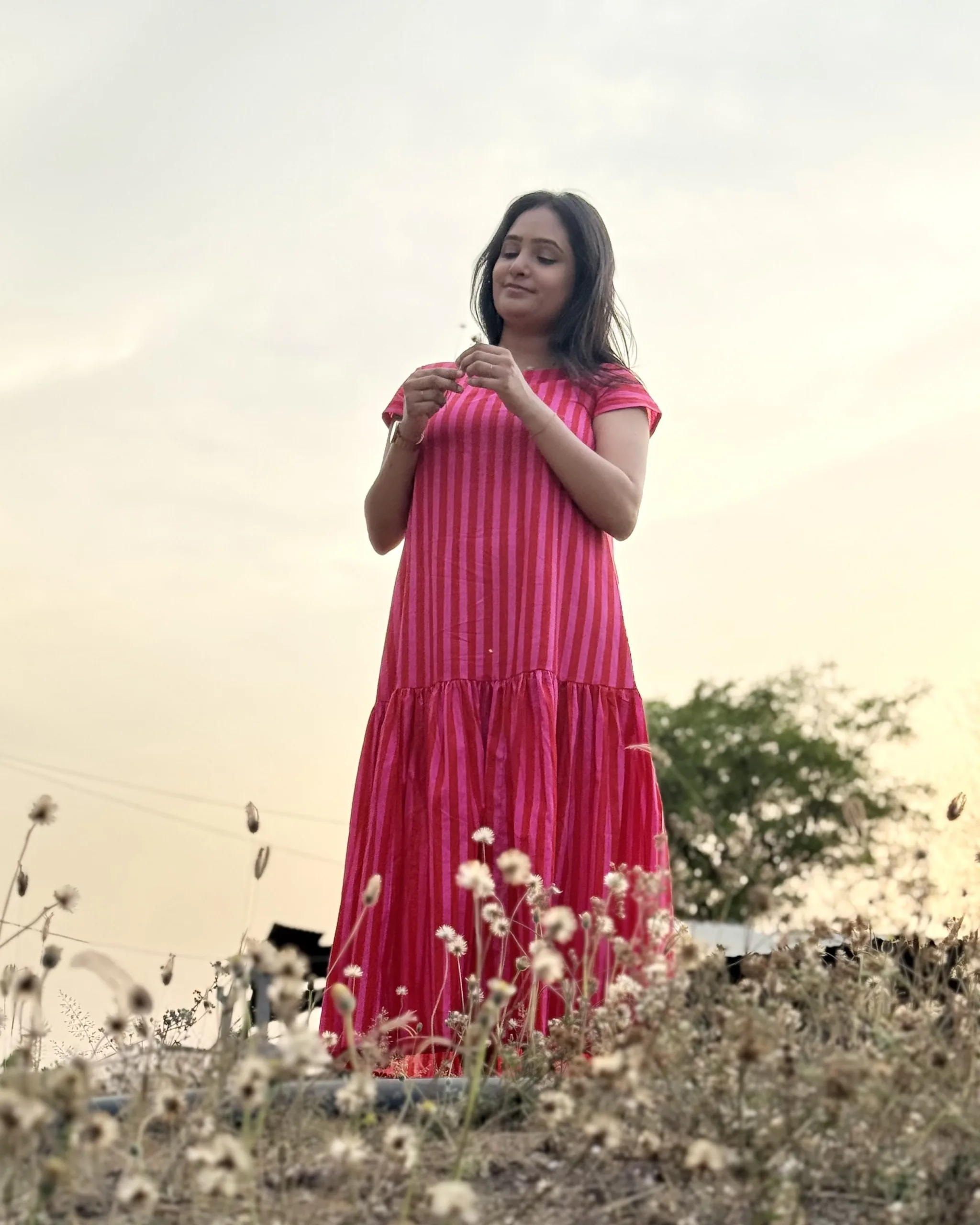 Pink stripe cotton maxi dress with lining