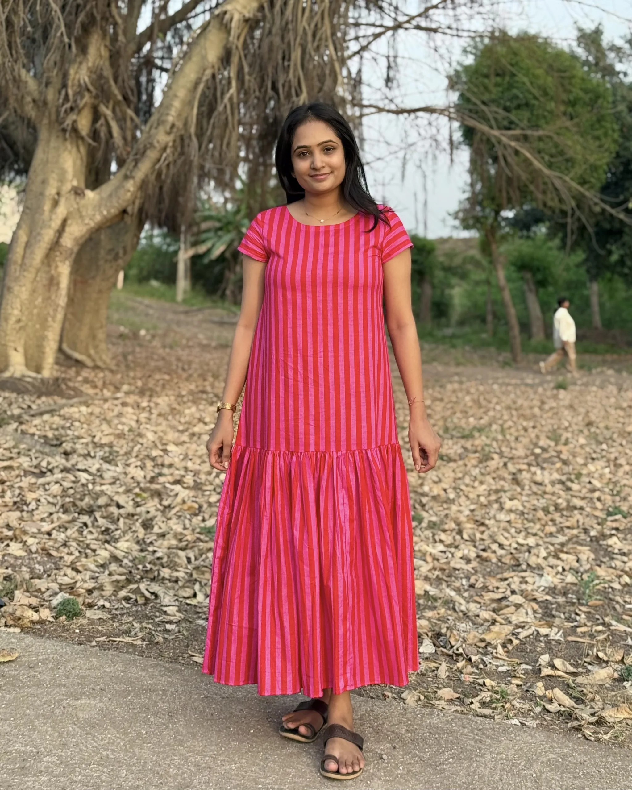 Pink stripe cotton maxi dress with lining - Image 3
