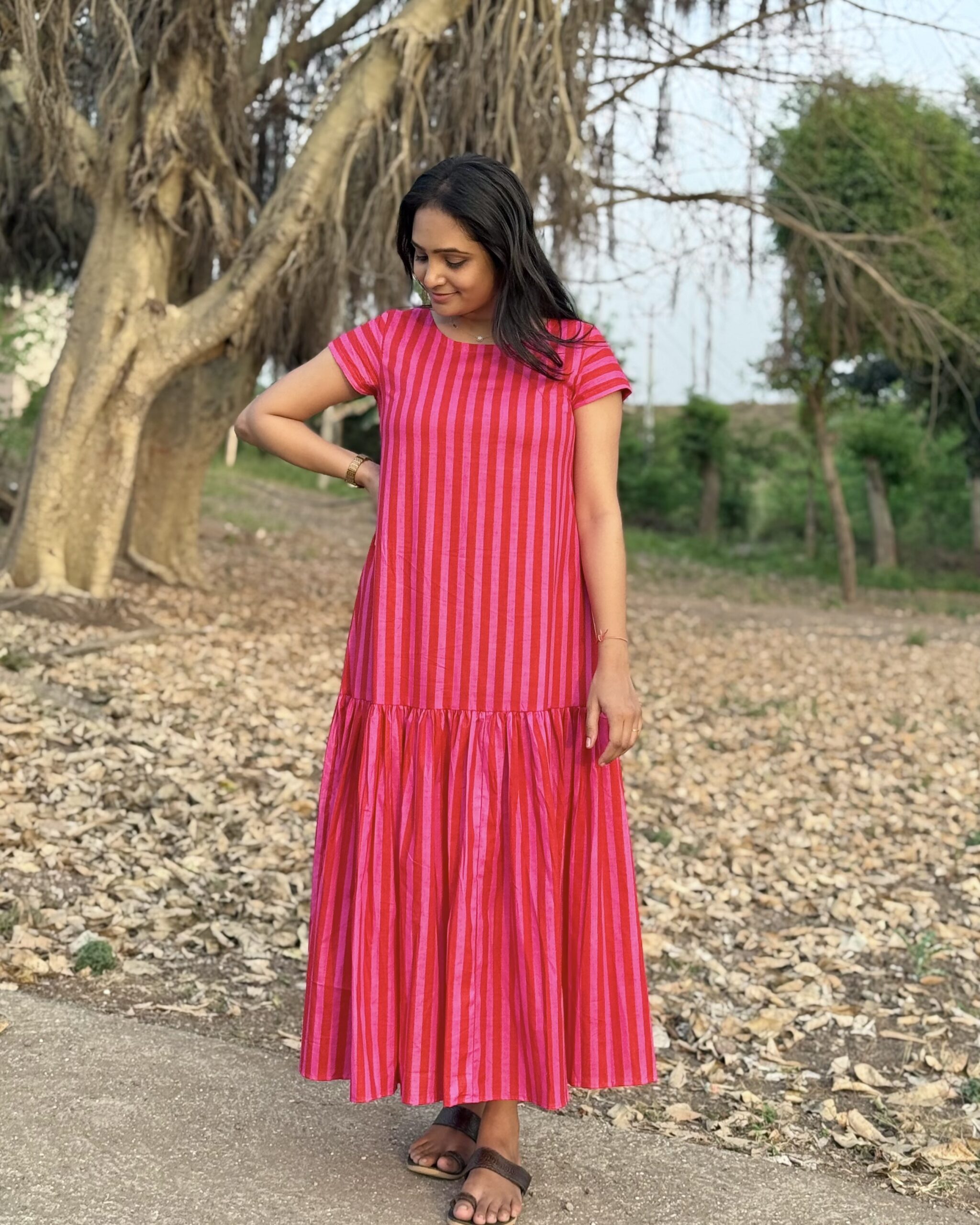 Pink stripe cotton maxi dress