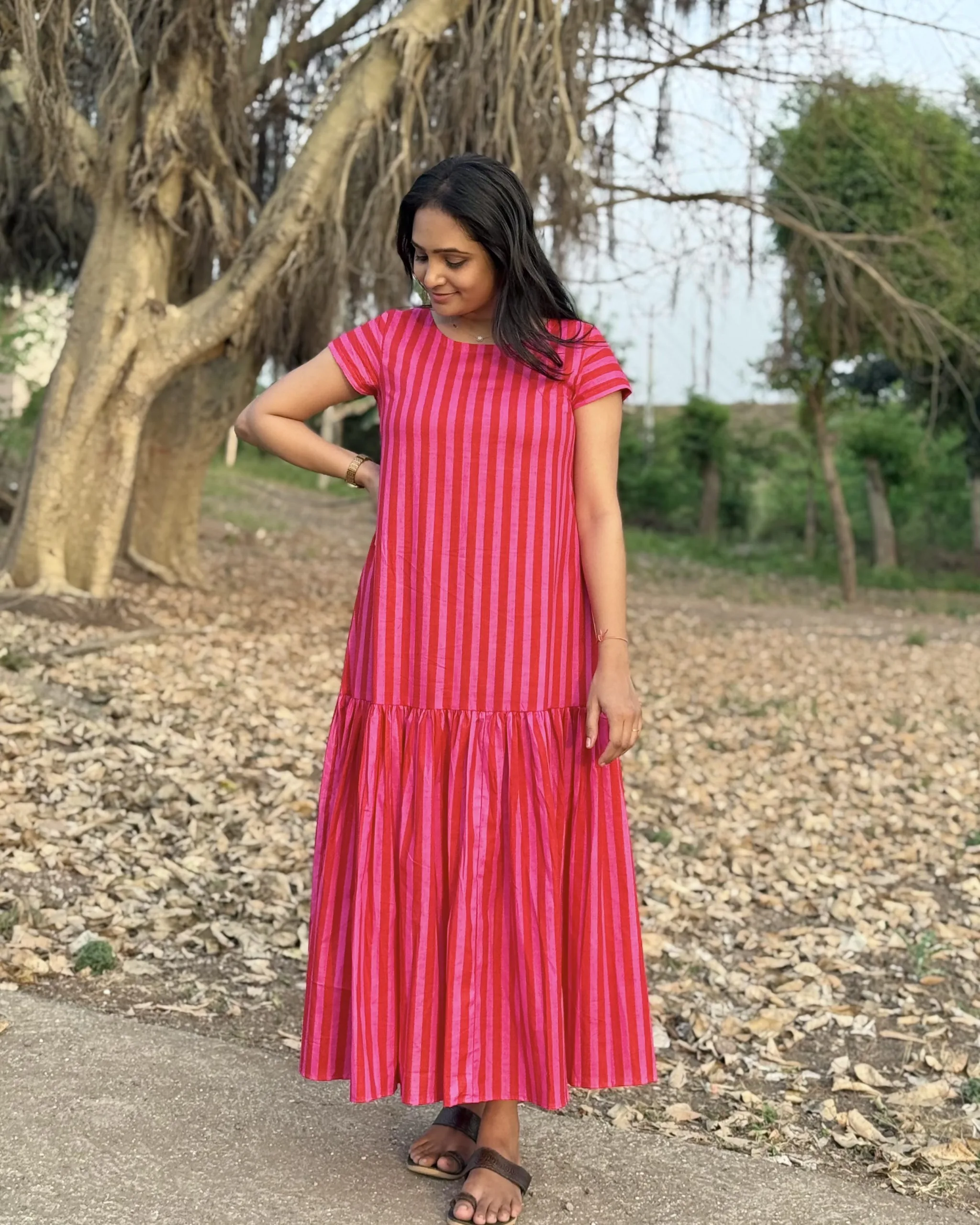Pink stripe cotton maxi dress with lining