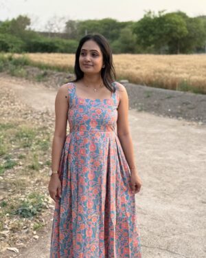 Sky and orange floral print cotton maxi dress