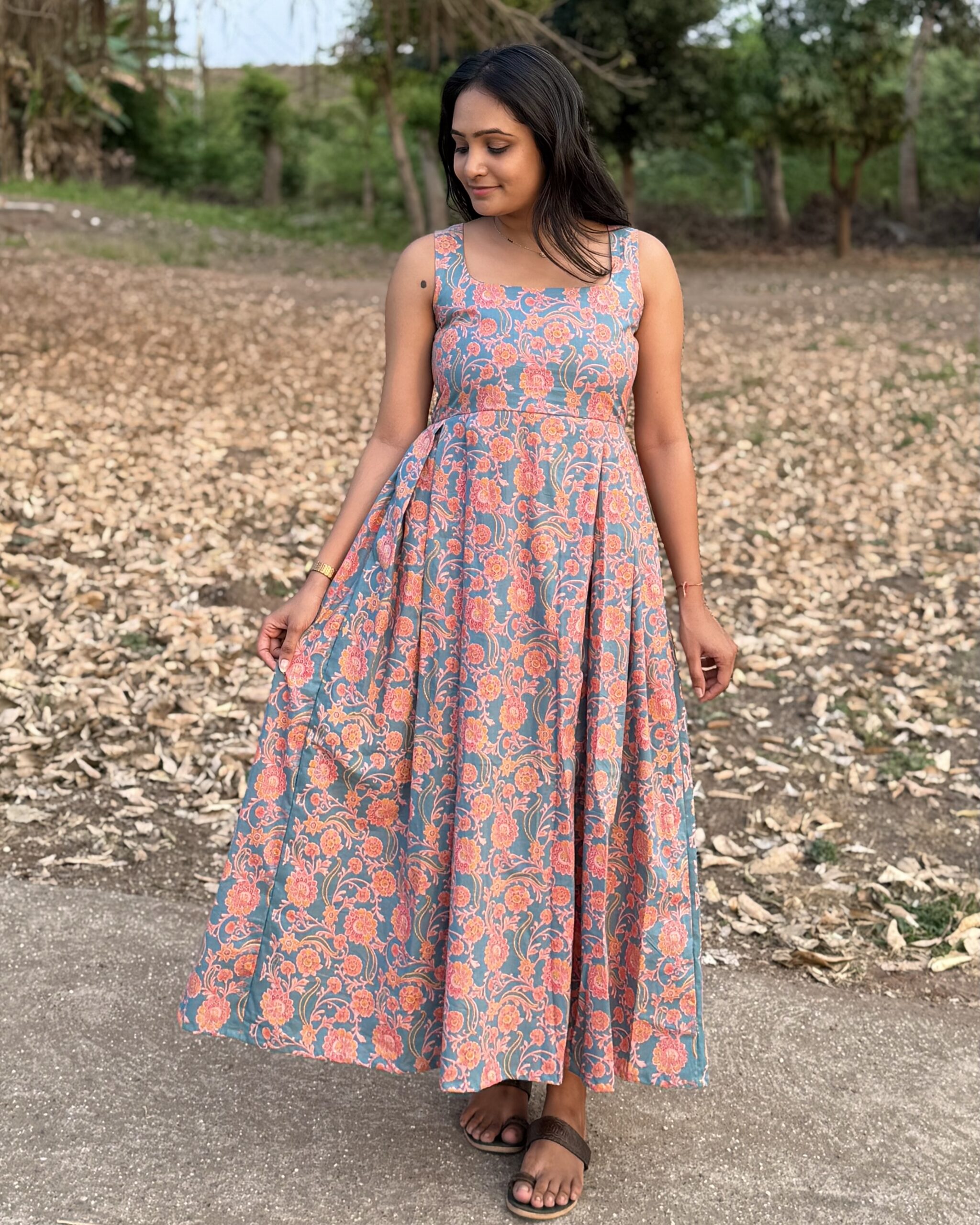 Sky and orange floral print cotton maxi dress