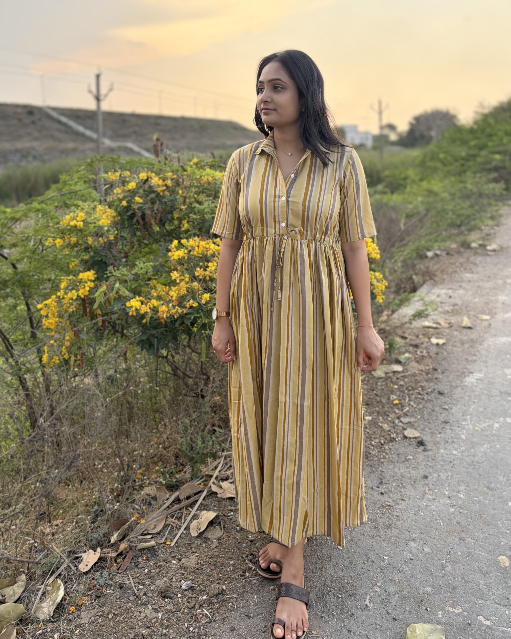 Mustard stripe cotton maxi dress