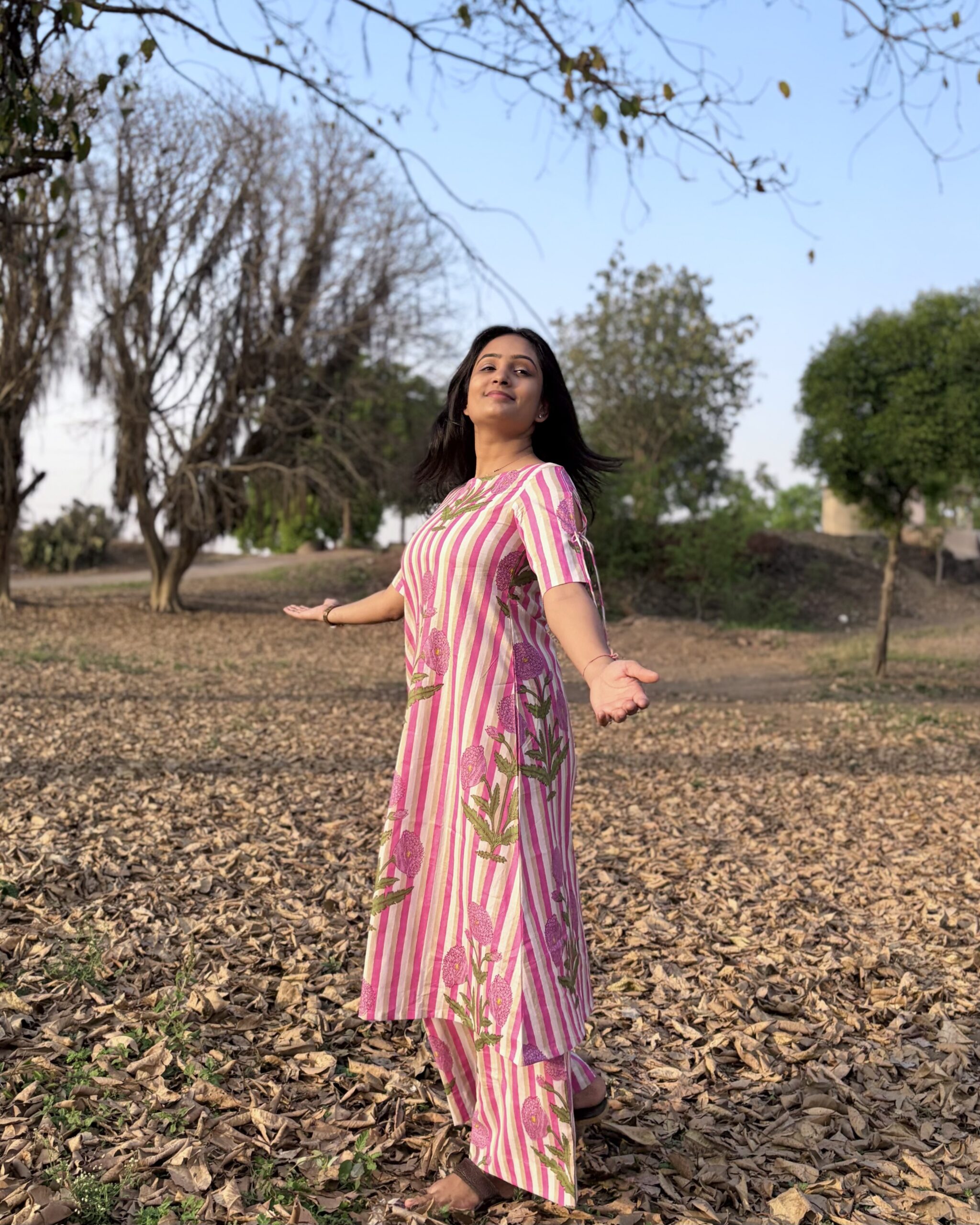 Pink stripe cotton a line kurta set