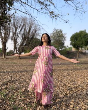 Pink stripe cotton a line kurta set