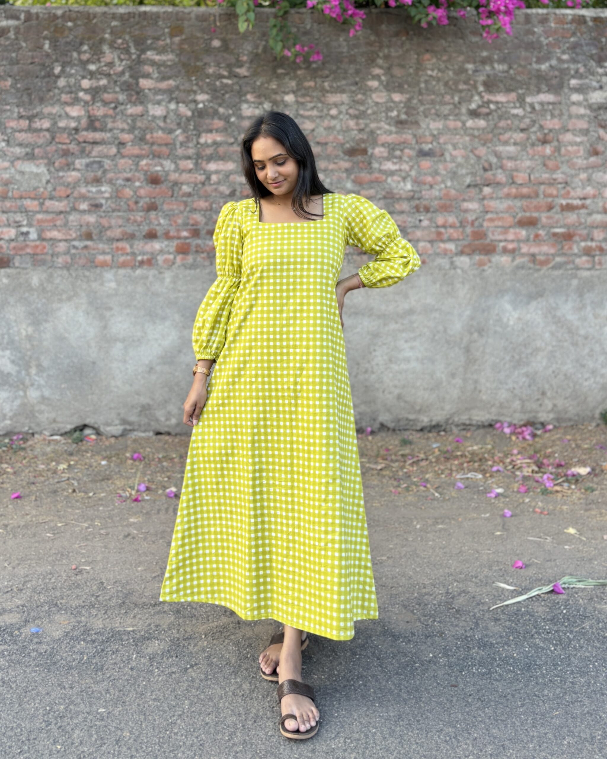 Lime green cotton checked print a line dress with lining