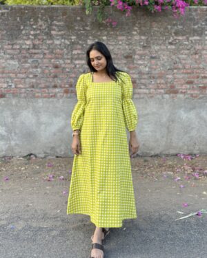 Lime green cotton checked print a line dress with lining