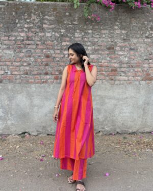 pink & orange stripe a line kurta set