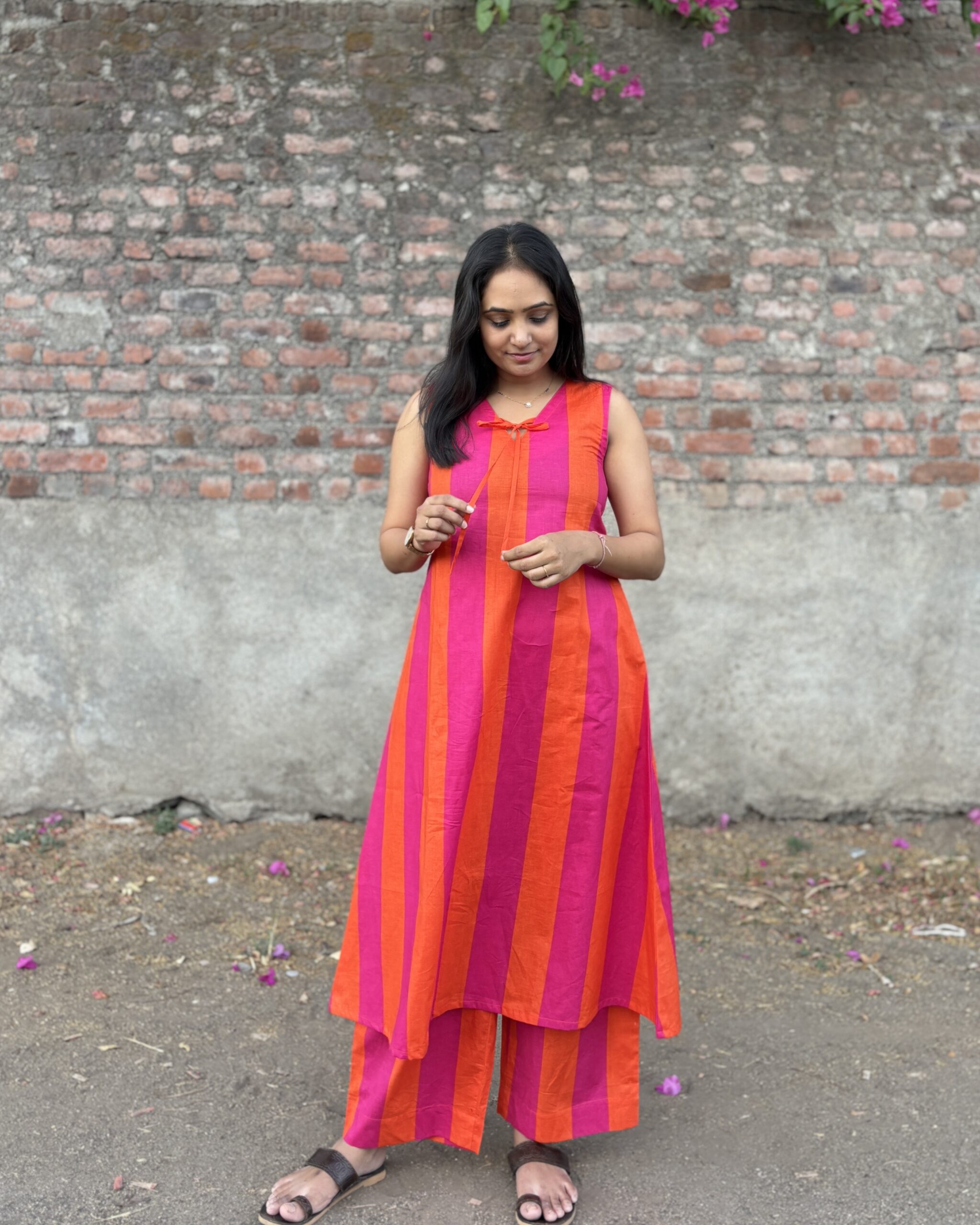 pink & orange stripe a line kurta set