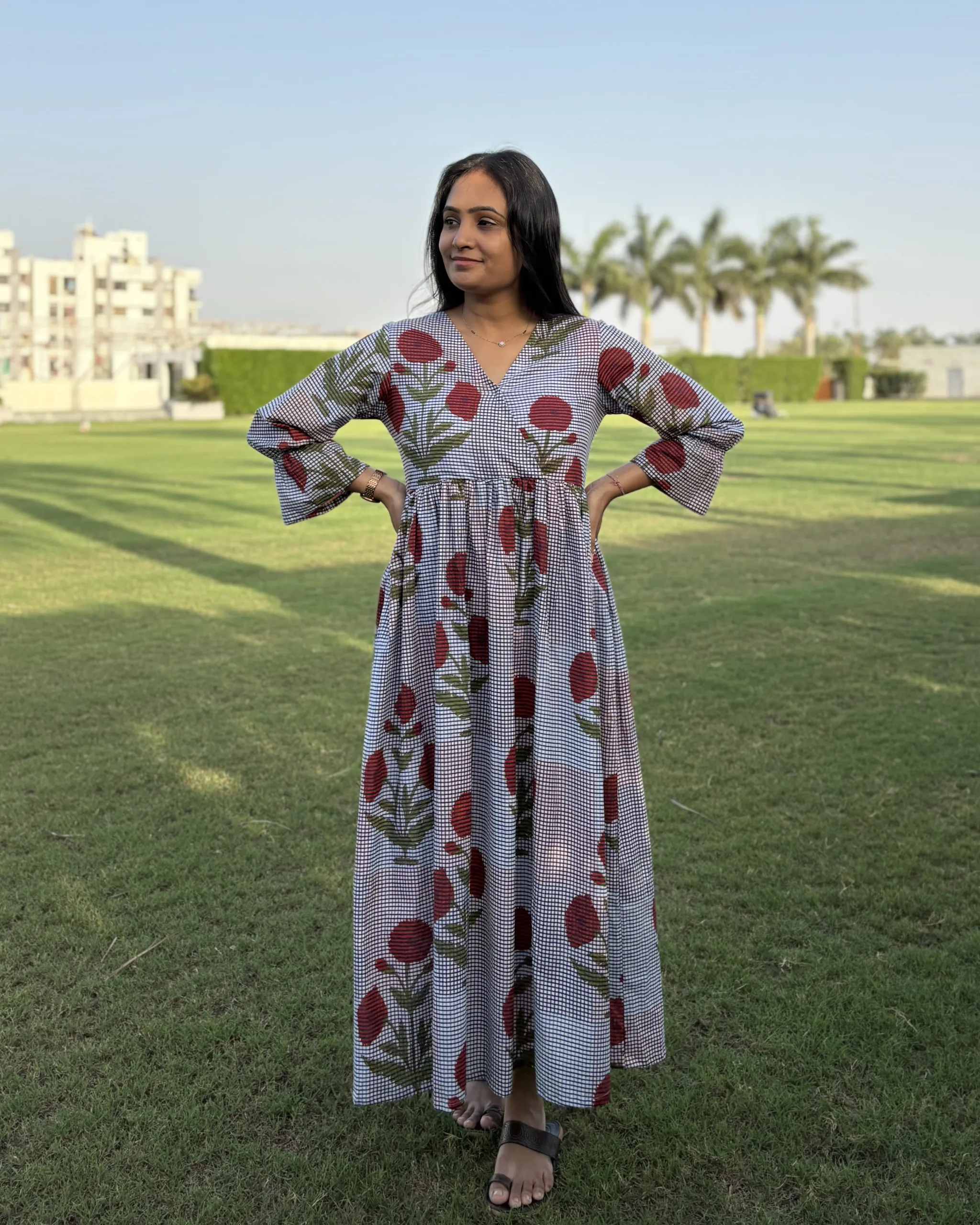 Blue checked print cotton maxi dress - Image 3