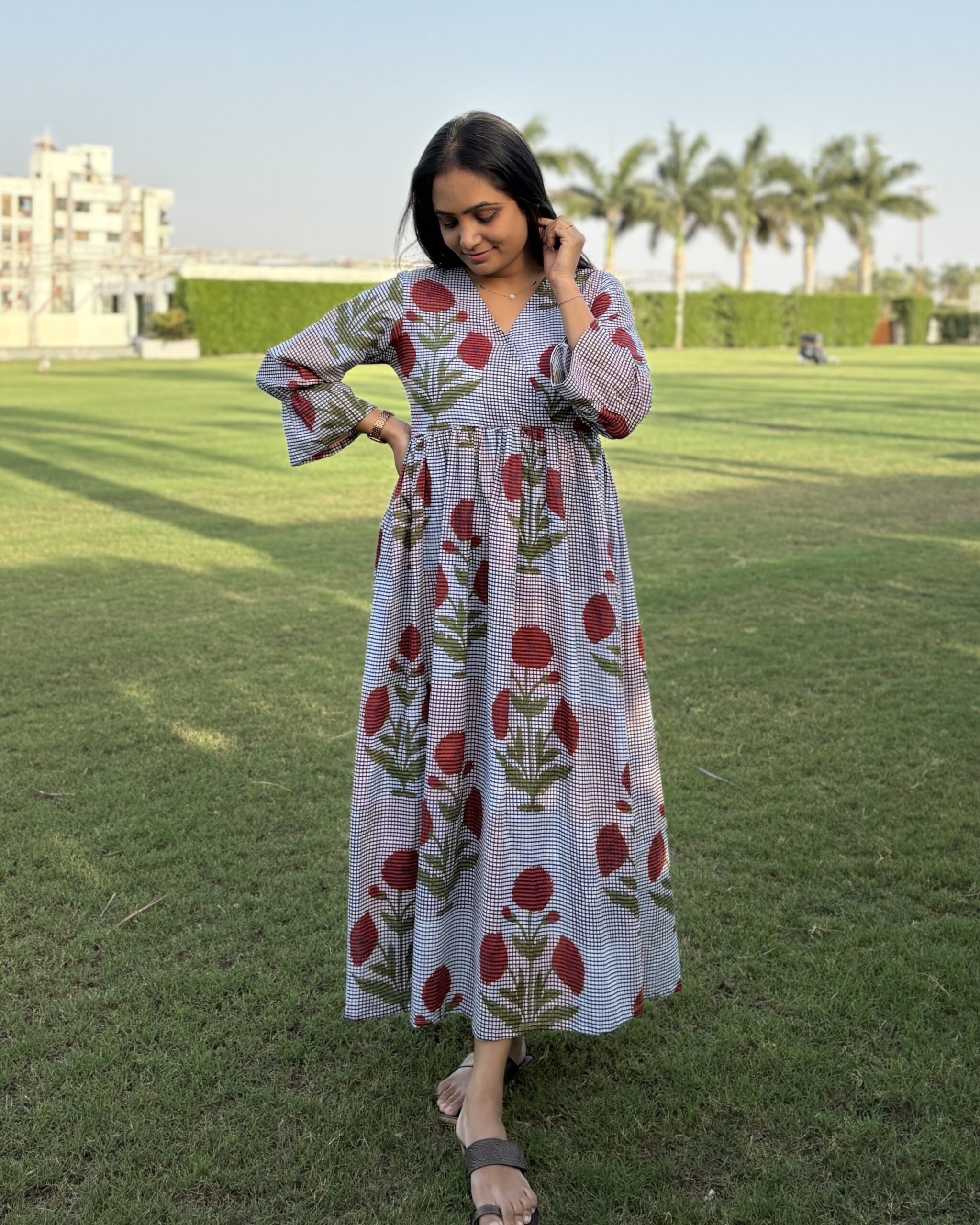 Blue checked print cotton maxi dress