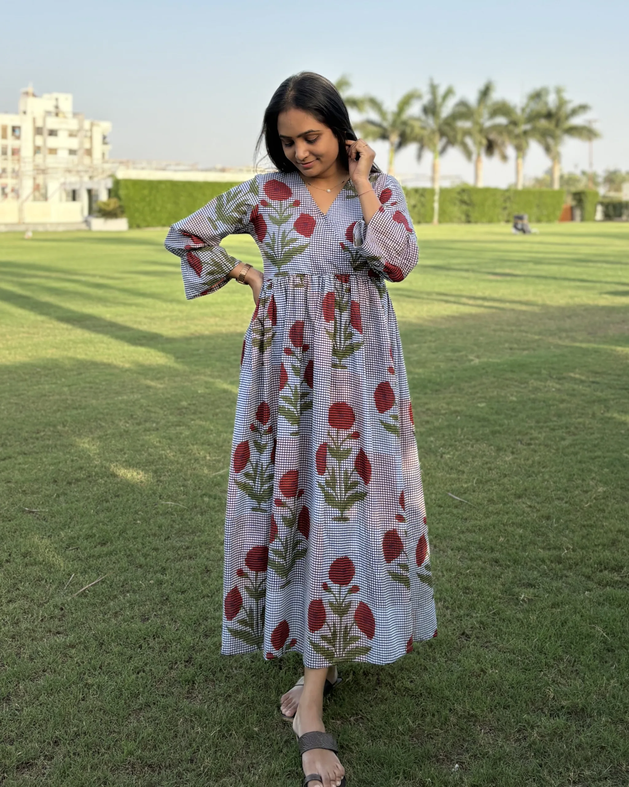Blue checked print cotton maxi dress