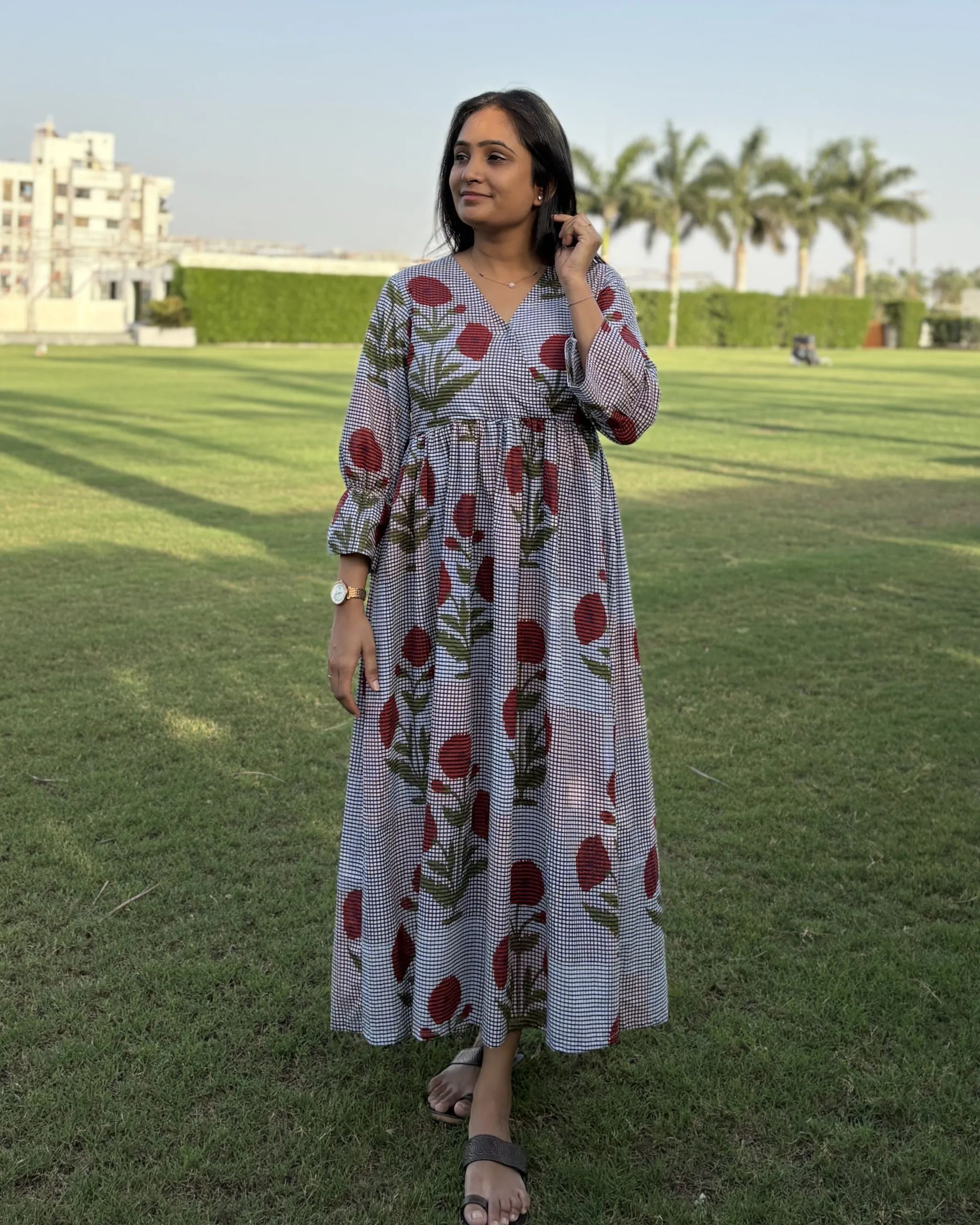 Blue checked print cotton maxi dress - Image 4