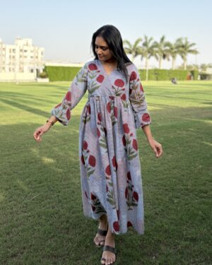 Blue checked print cotton maxi dress