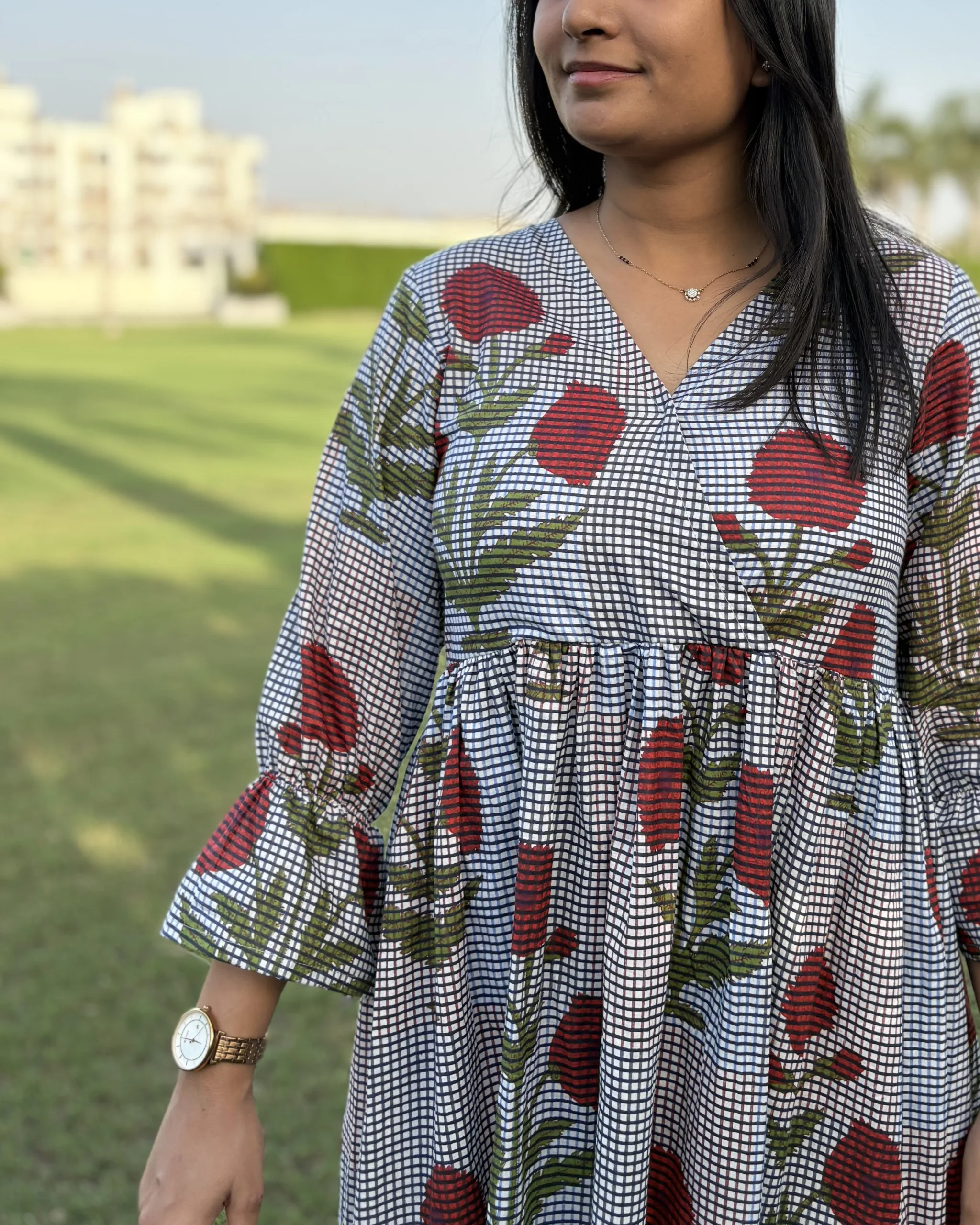 Blue checked print cotton maxi dress - Image 5