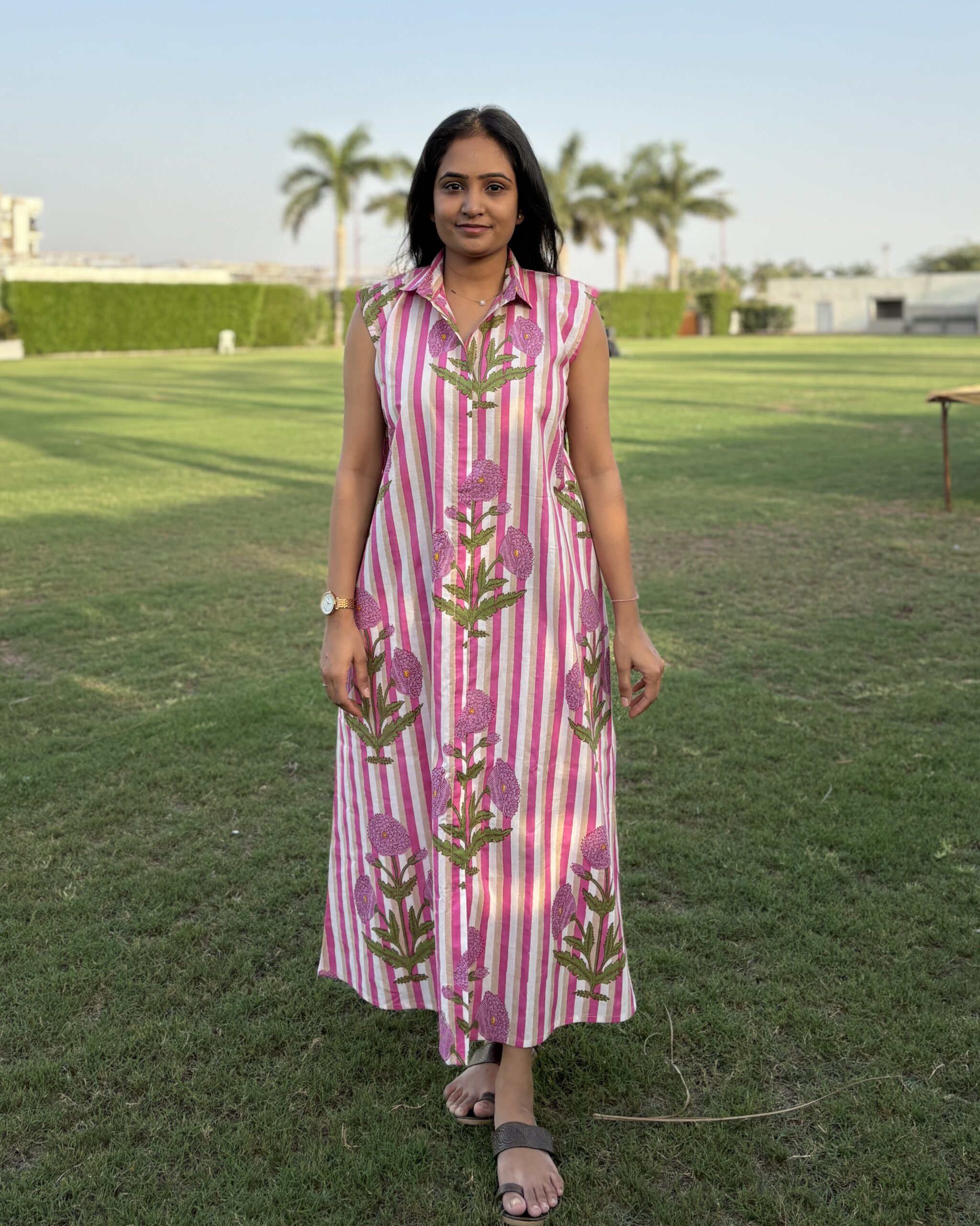 Pink stripe a line cotton shirt dress