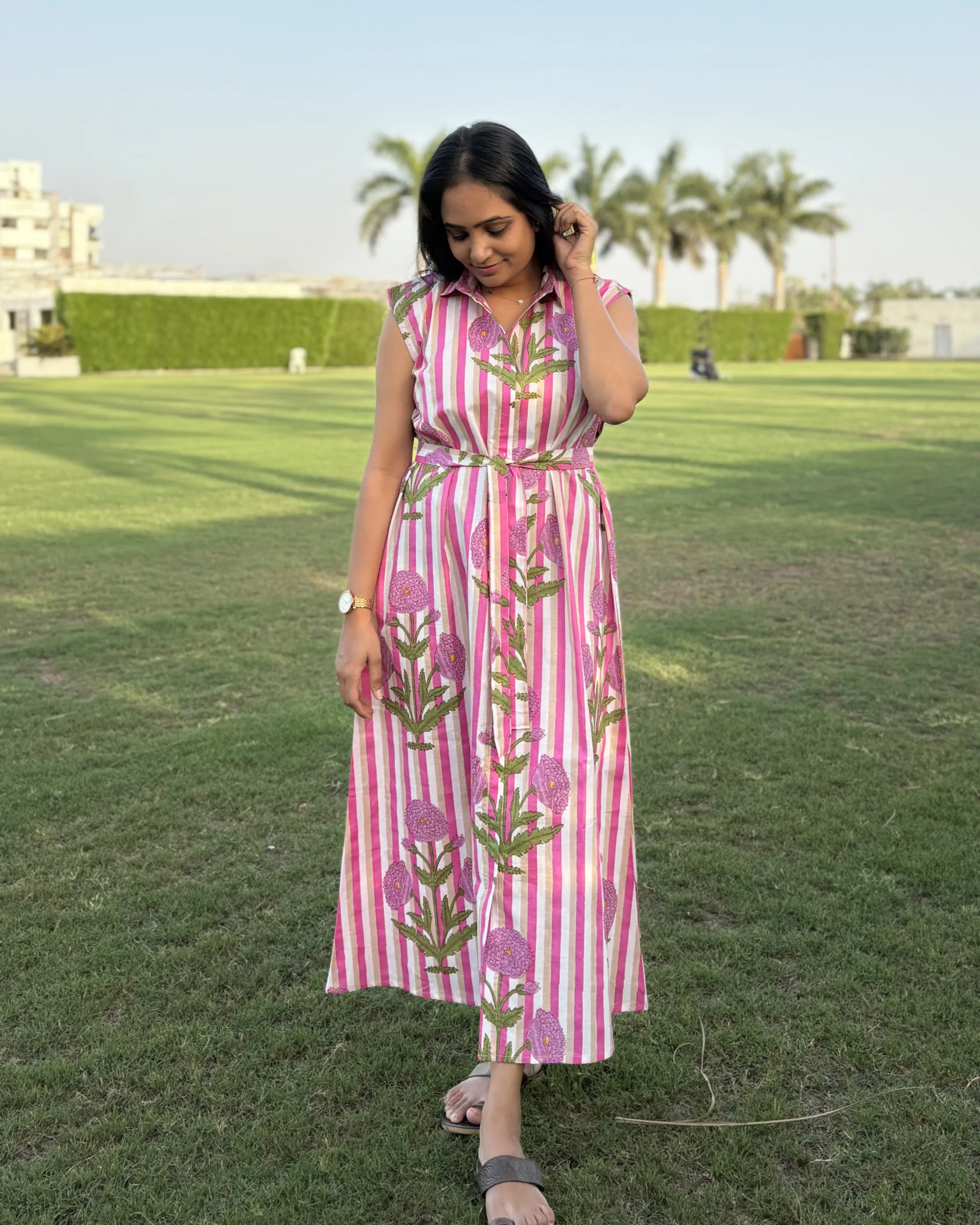Pink stripe a line cotton shirt dress - Image 3