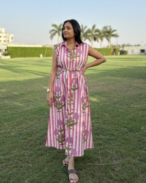 Pink stripe a line cotton shirt dress