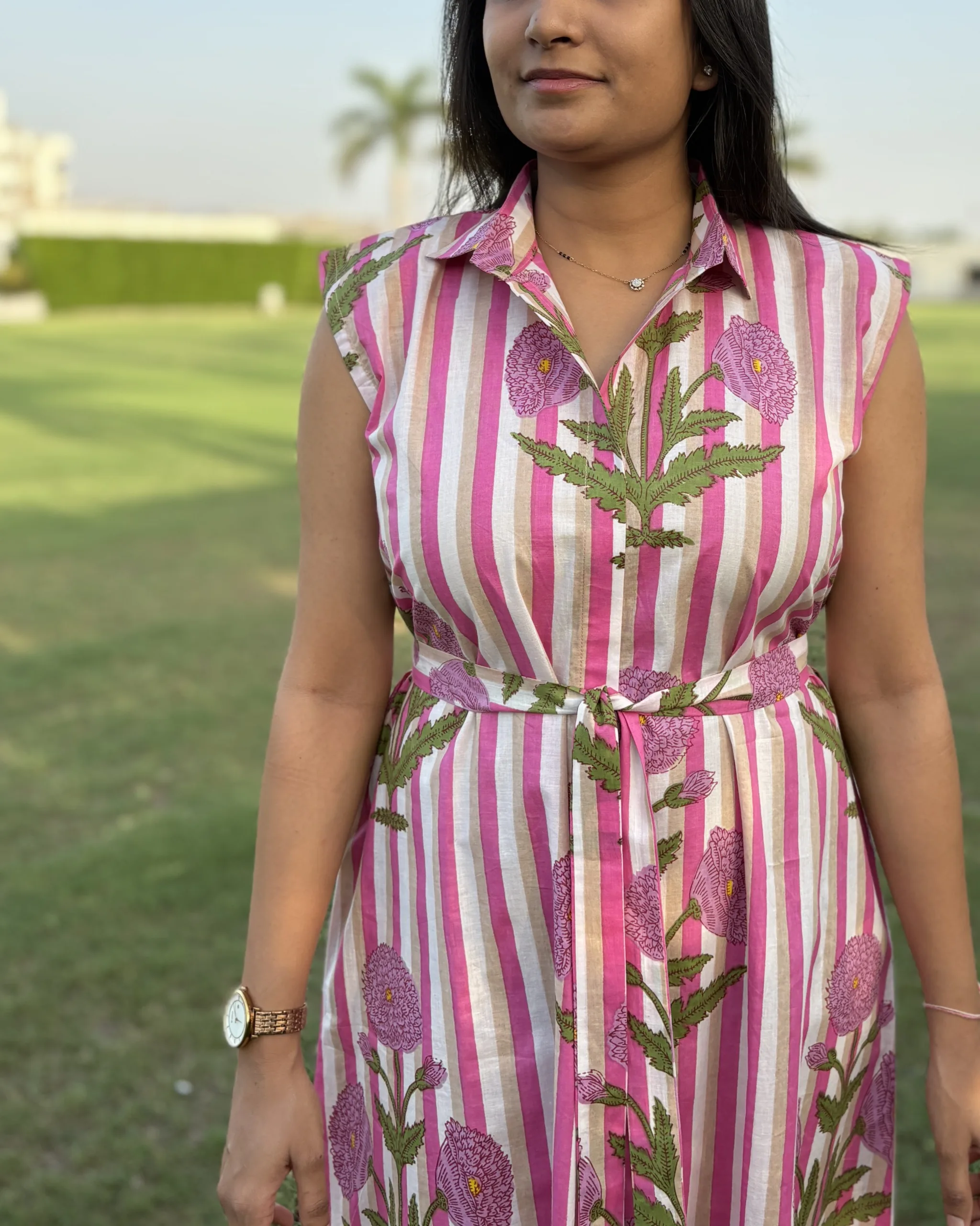 Pink stripe a line cotton shirt dress - Image 4