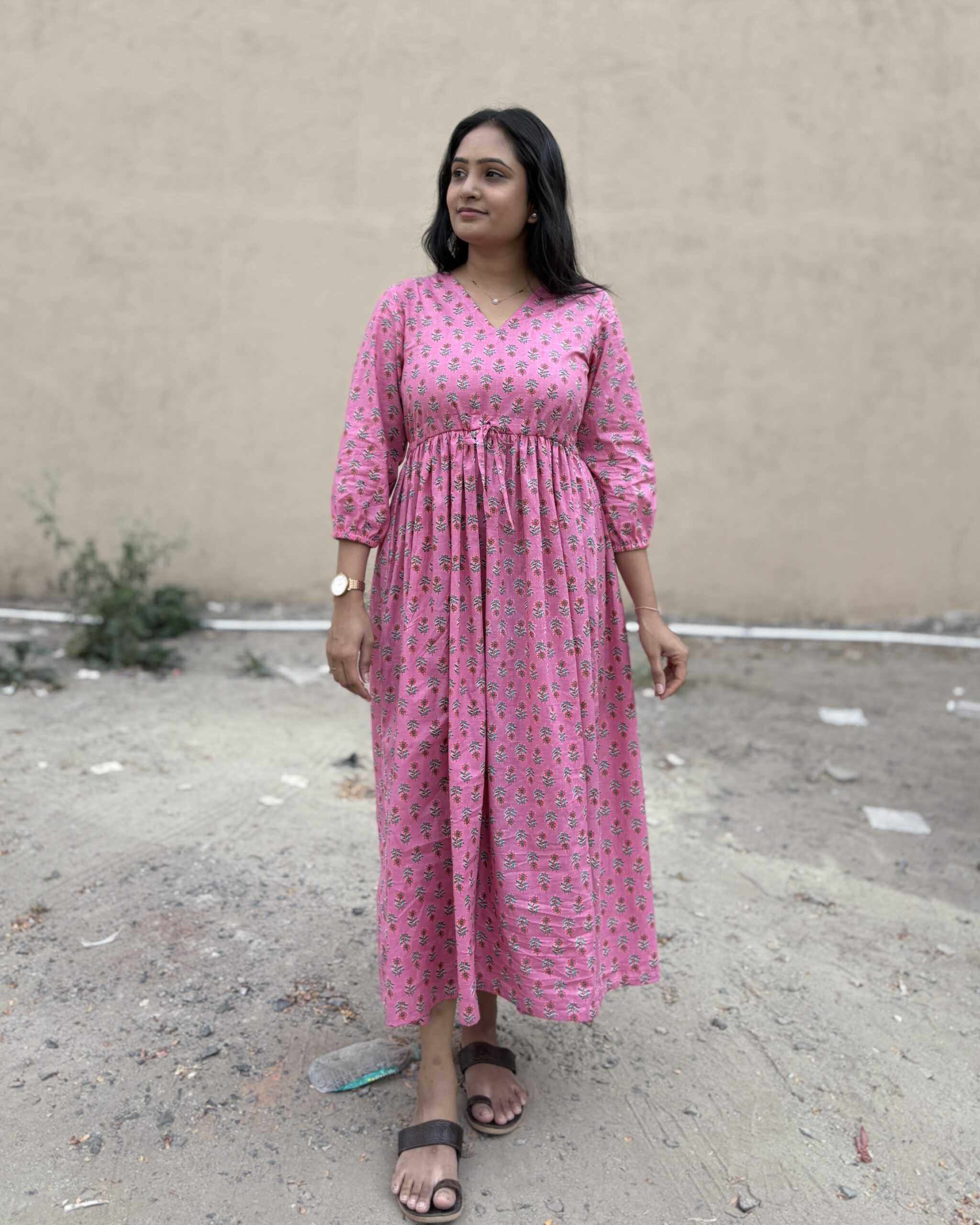 Pink floral print cotton maxi dress