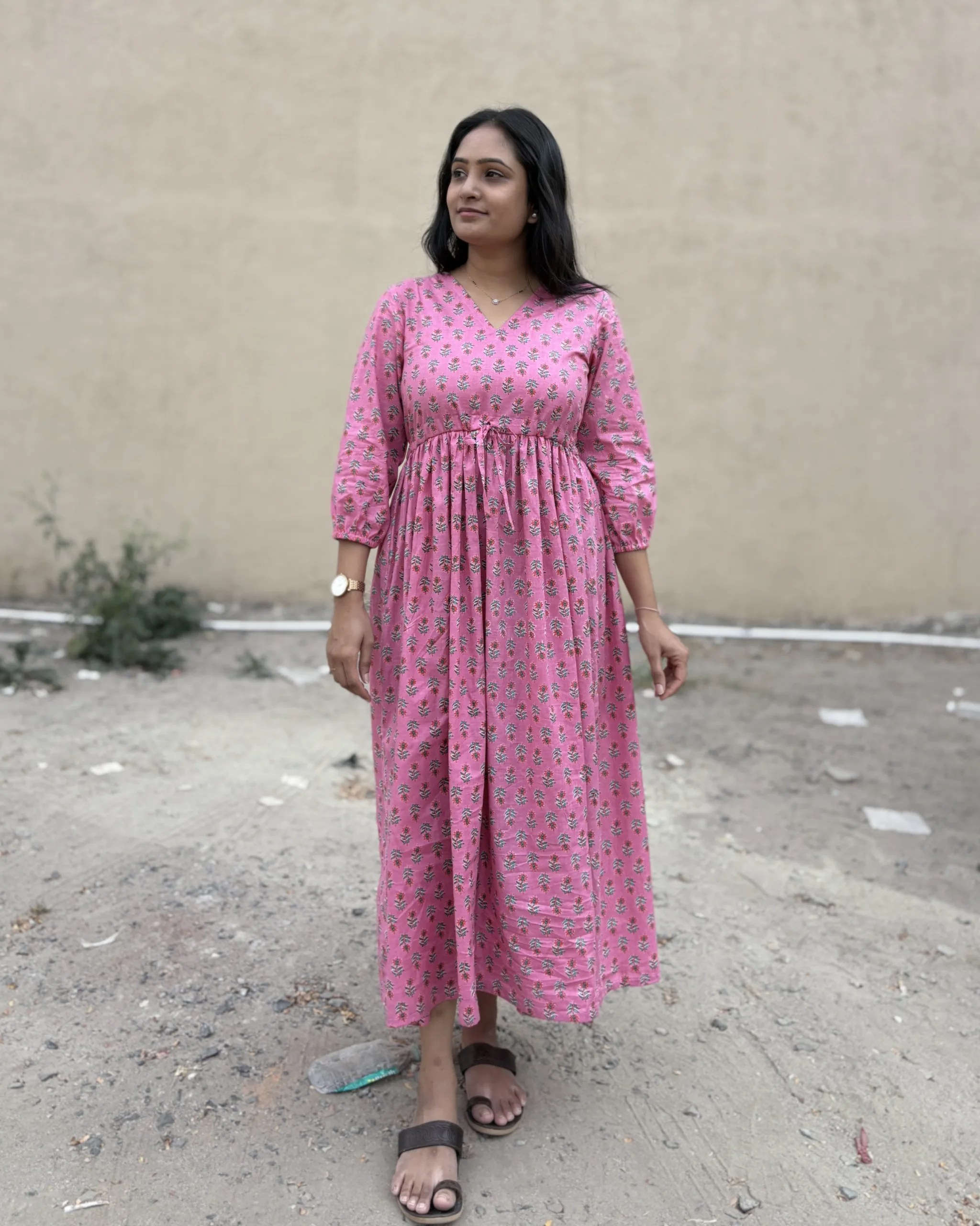 Pink floral print cotton maxi dress
