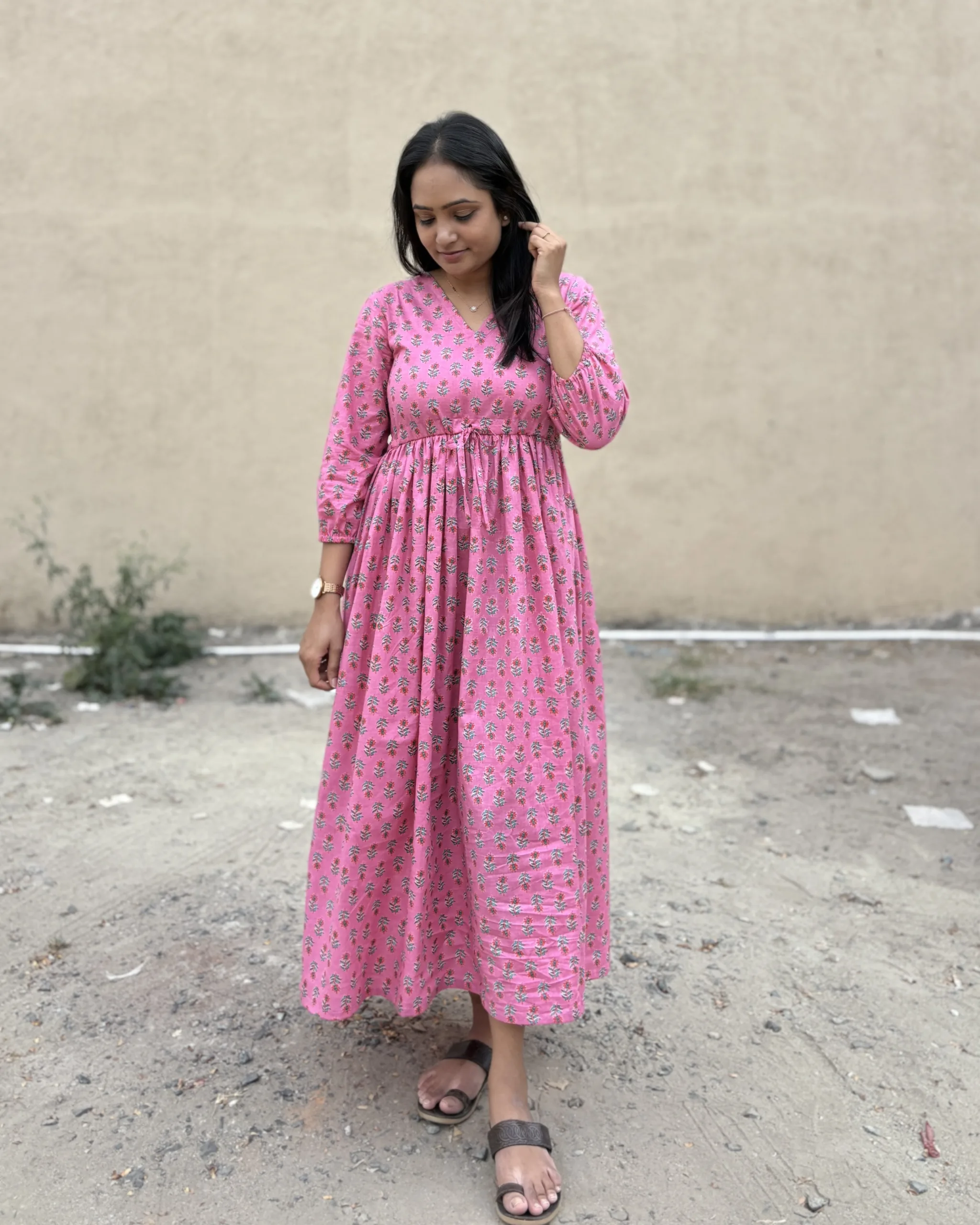 Pink floral print cotton maxi dress - Image 4