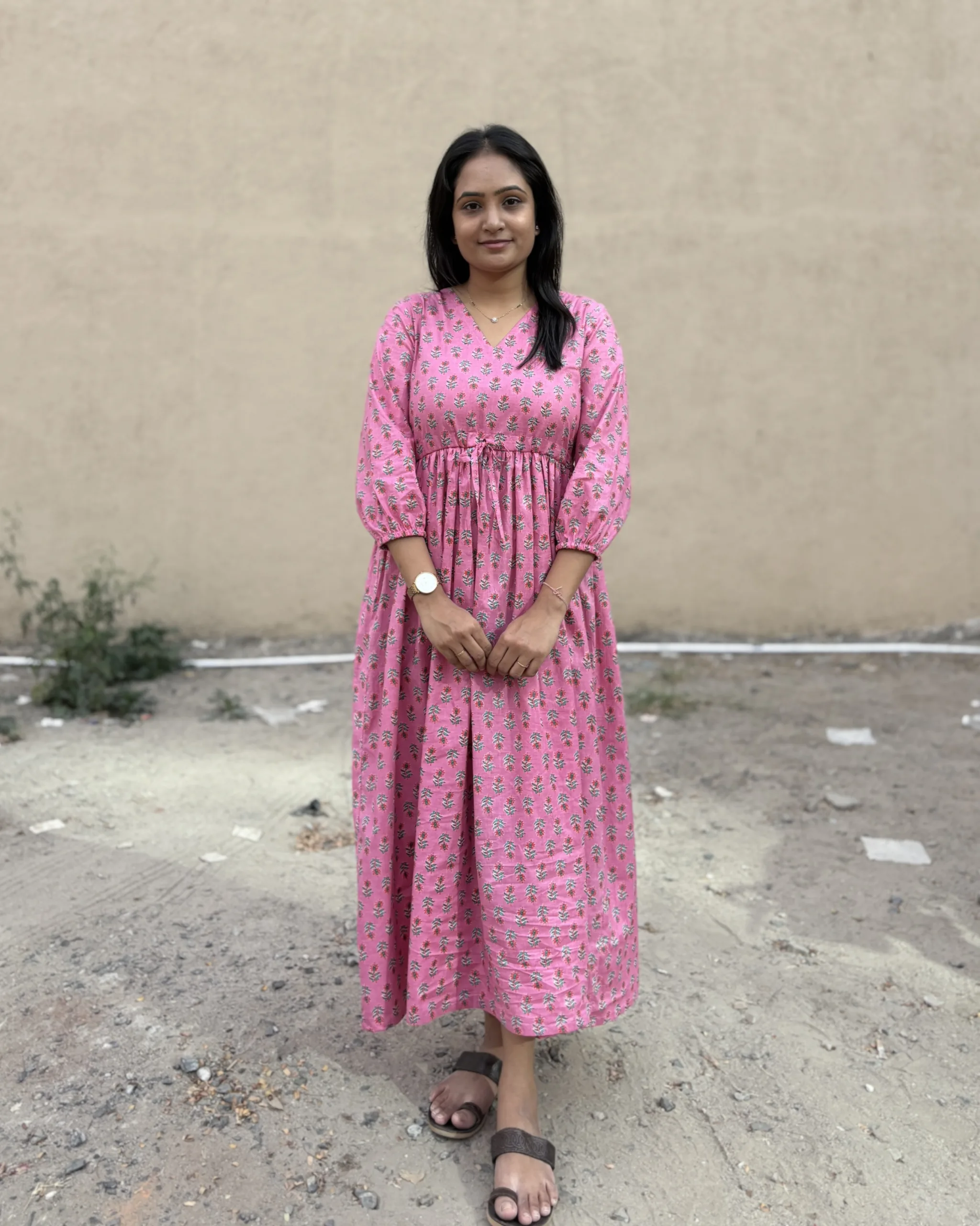 Pink floral print cotton maxi dress - Image 3