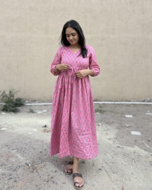 Pink floral print cotton maxi dress