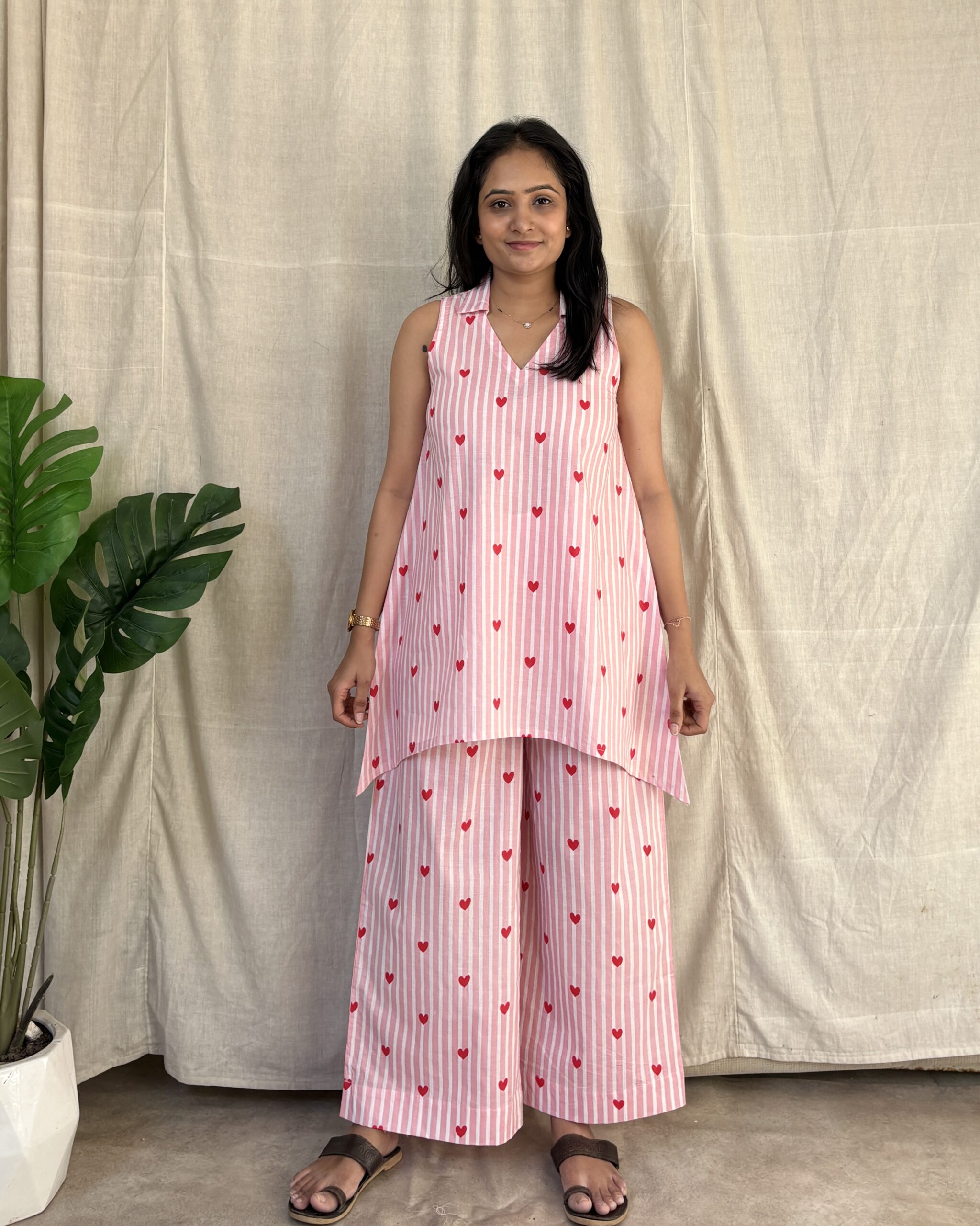 Stripe heart print cotton coord set