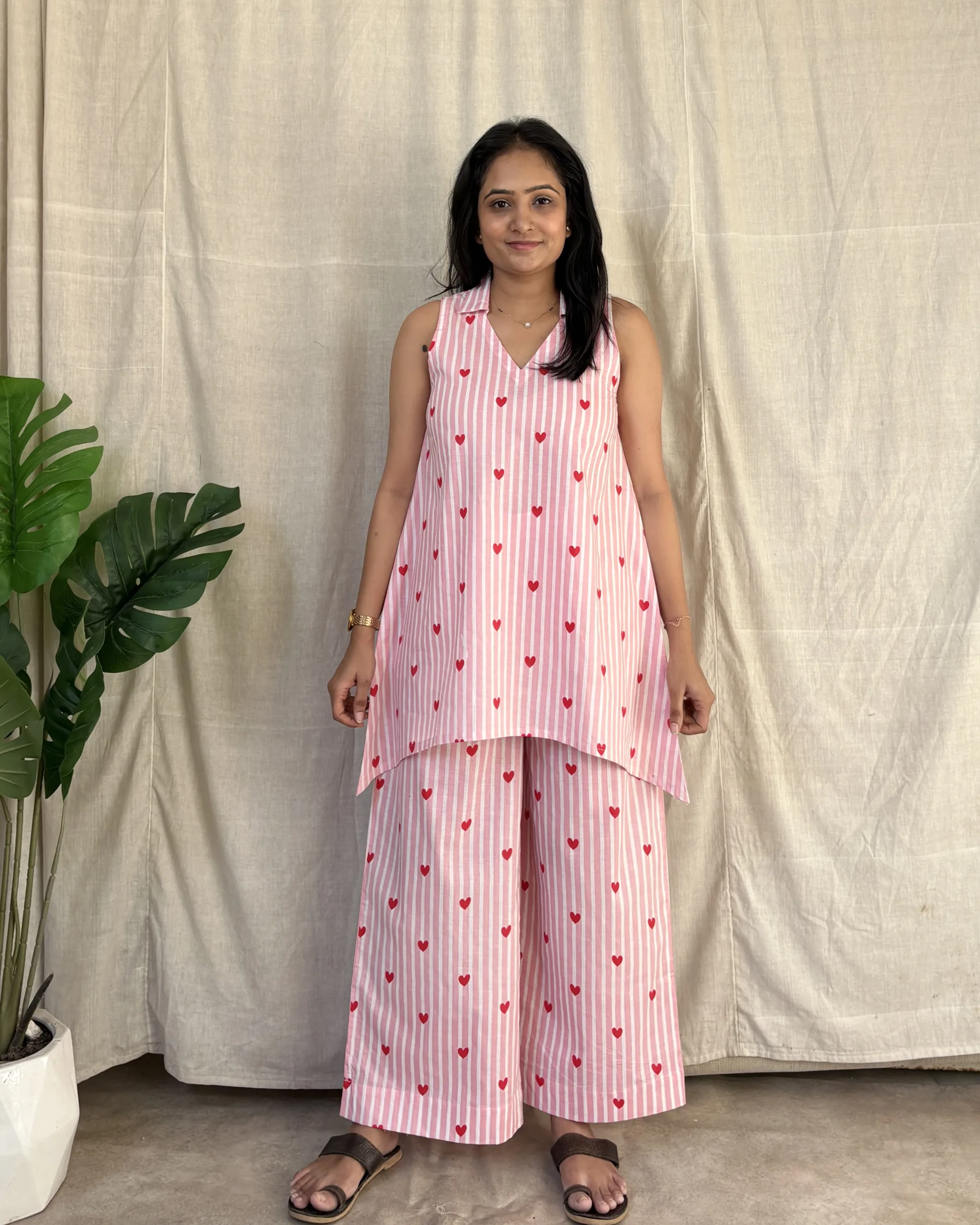 Stripe heart print cotton coord set