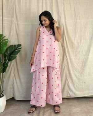 Stripe heart print cotton coord set