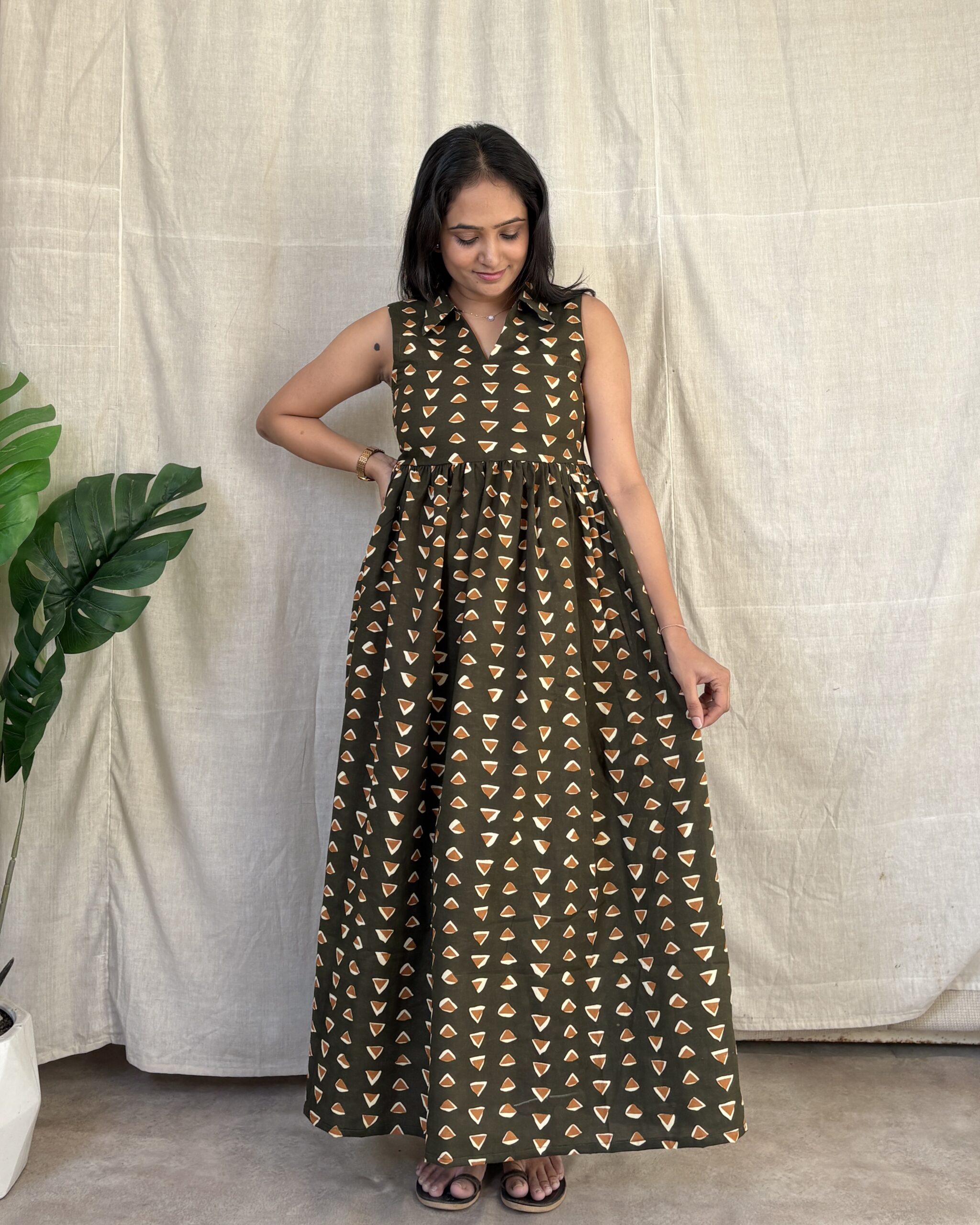 Green cotton quirky maxi dress