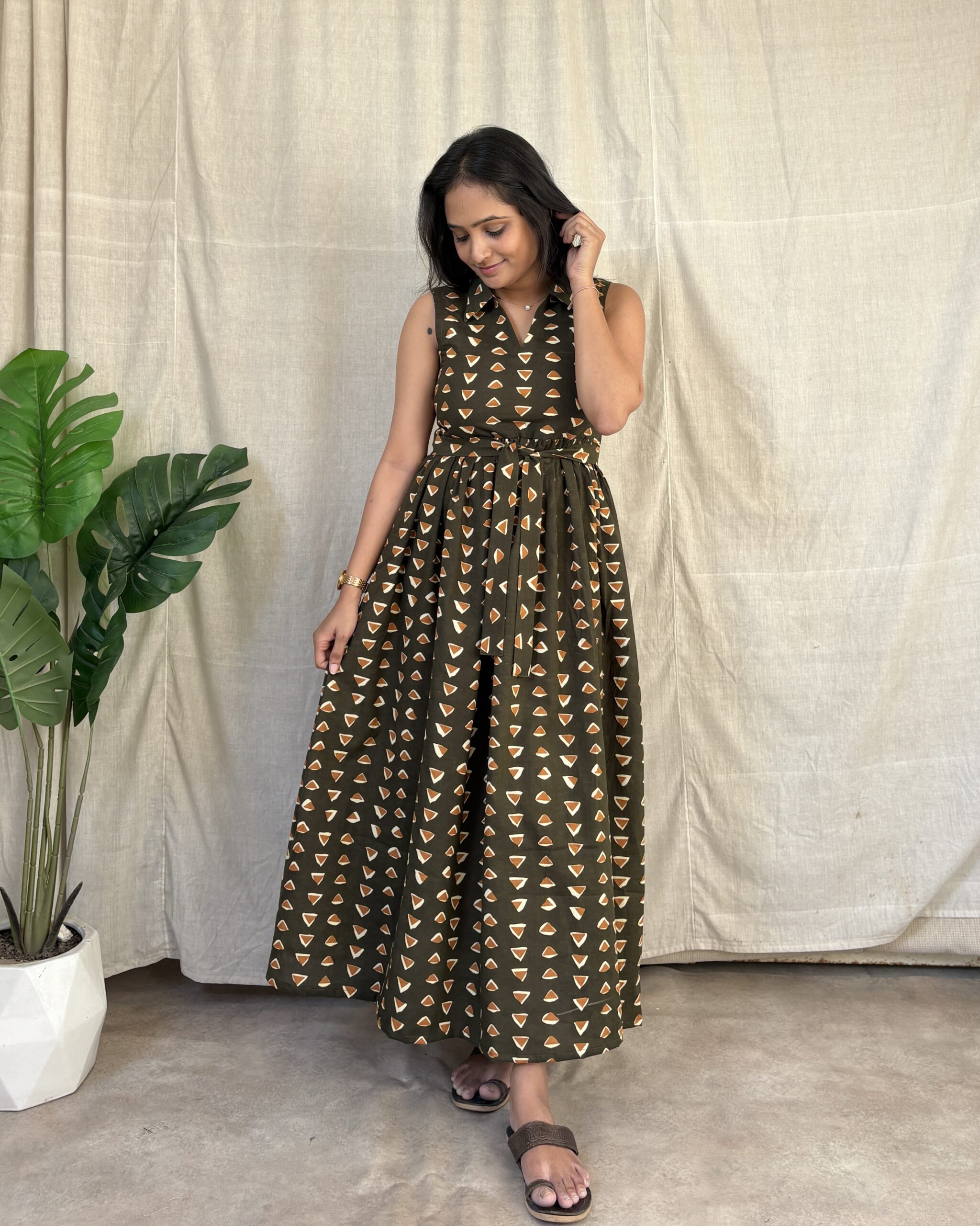 Green cotton quirky maxi dress