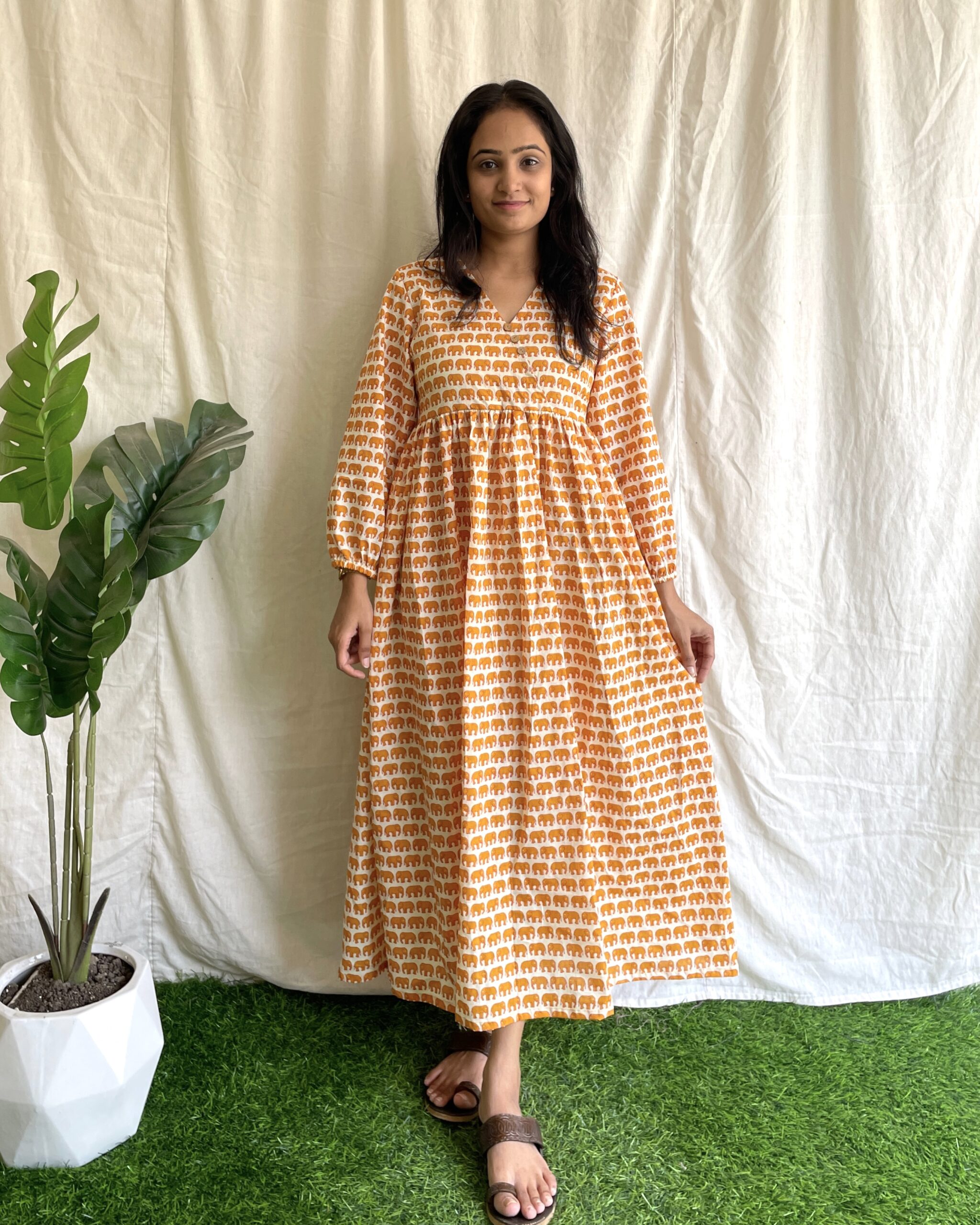 Elephant print cotton maxi dress