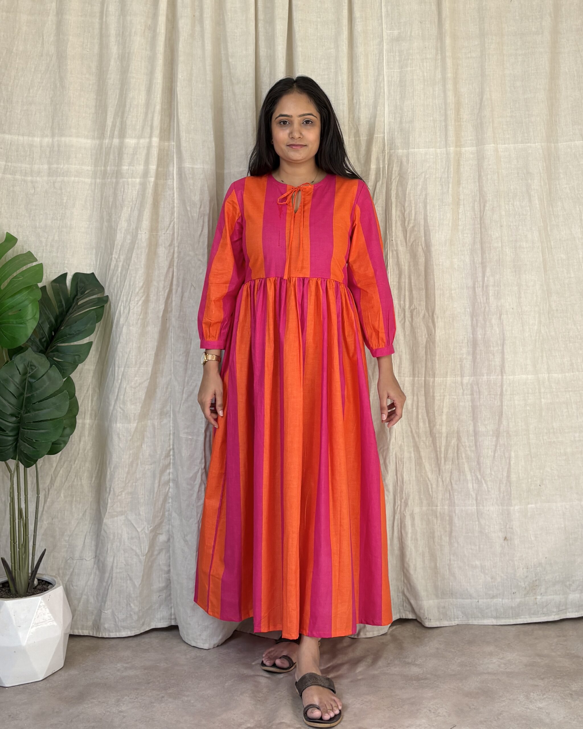 Orange and pink stripe cotton maxi dress