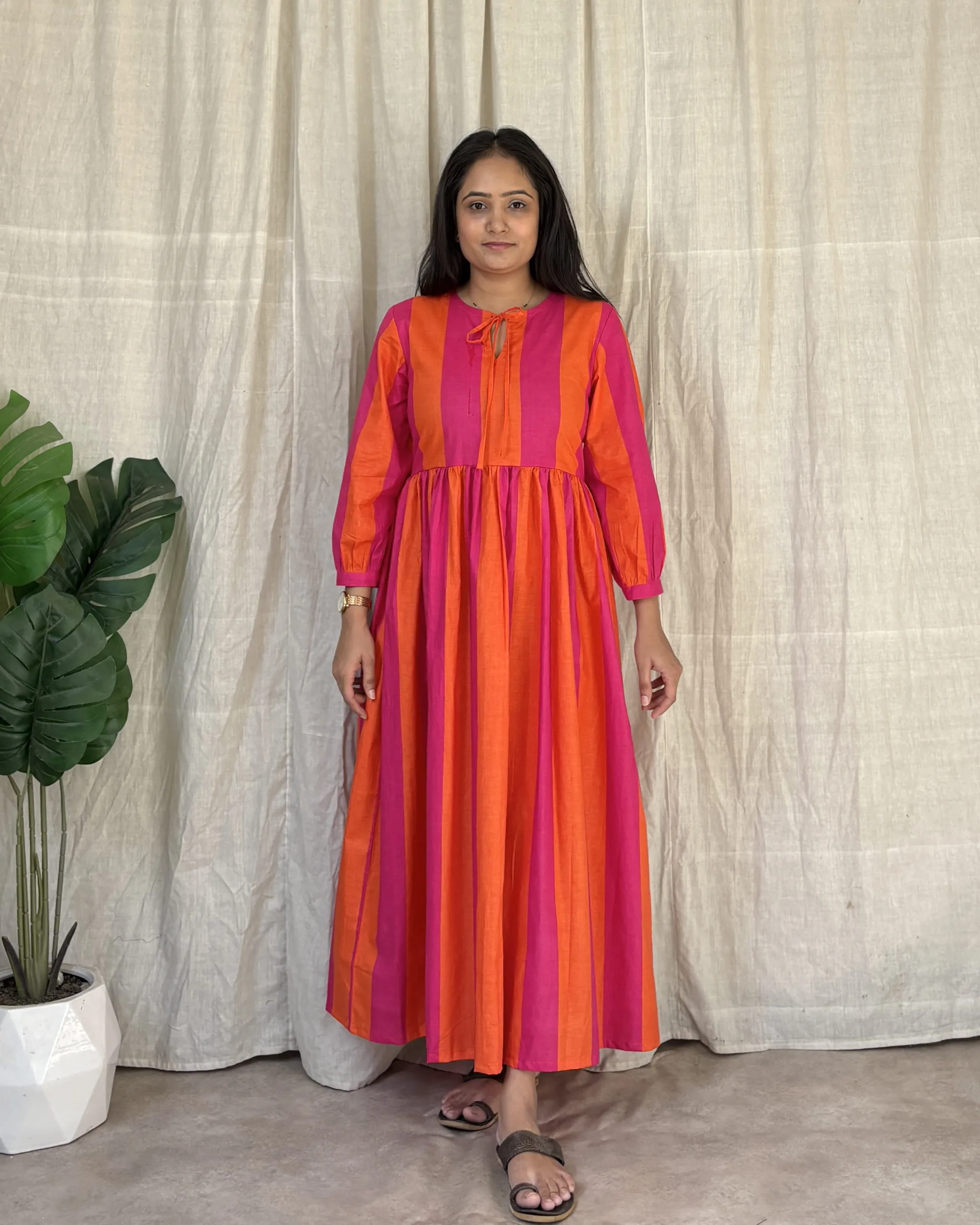 Orange and pink stripe cotton maxi dress