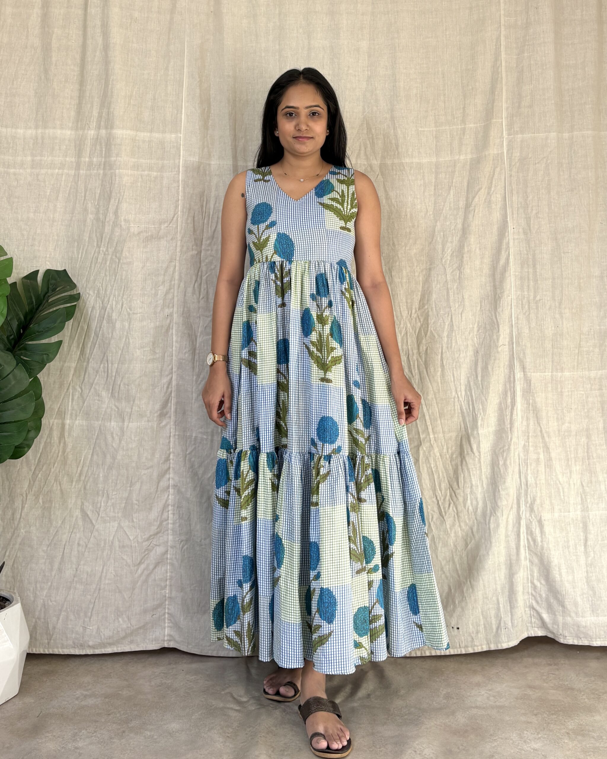 Checked and floral print cotton 2 tiered dress