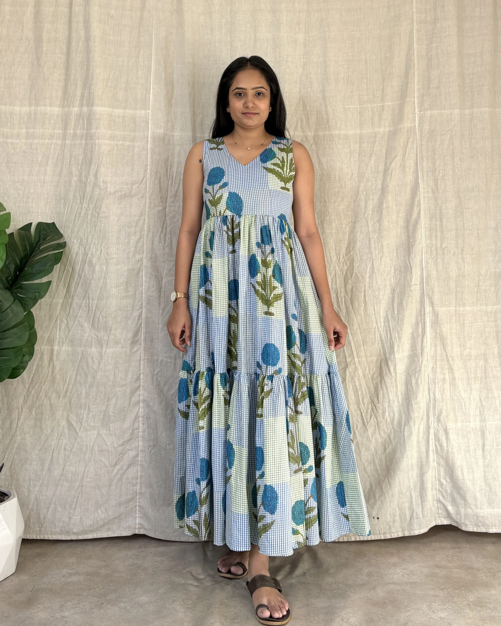 Checked and floral print cotton 2 tiered dress