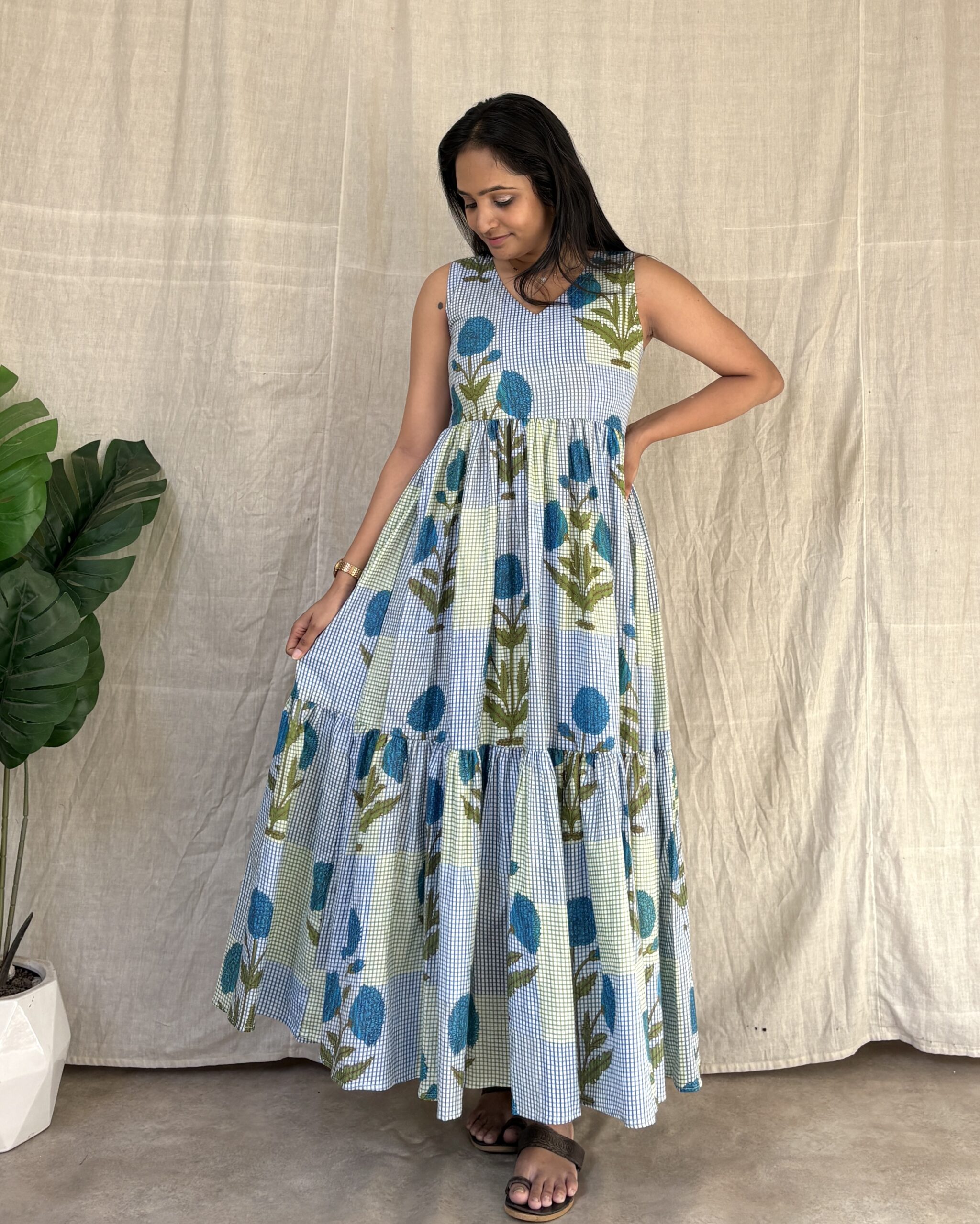 Checked and floral print cotton 2 tiered dress
