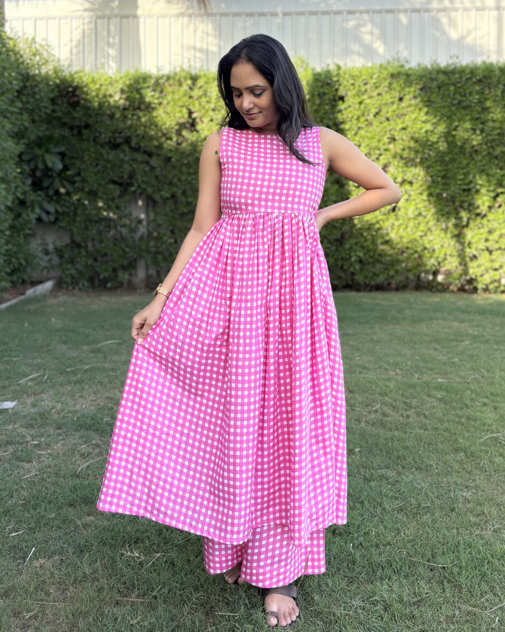 pink checked print premium cotton kurta set