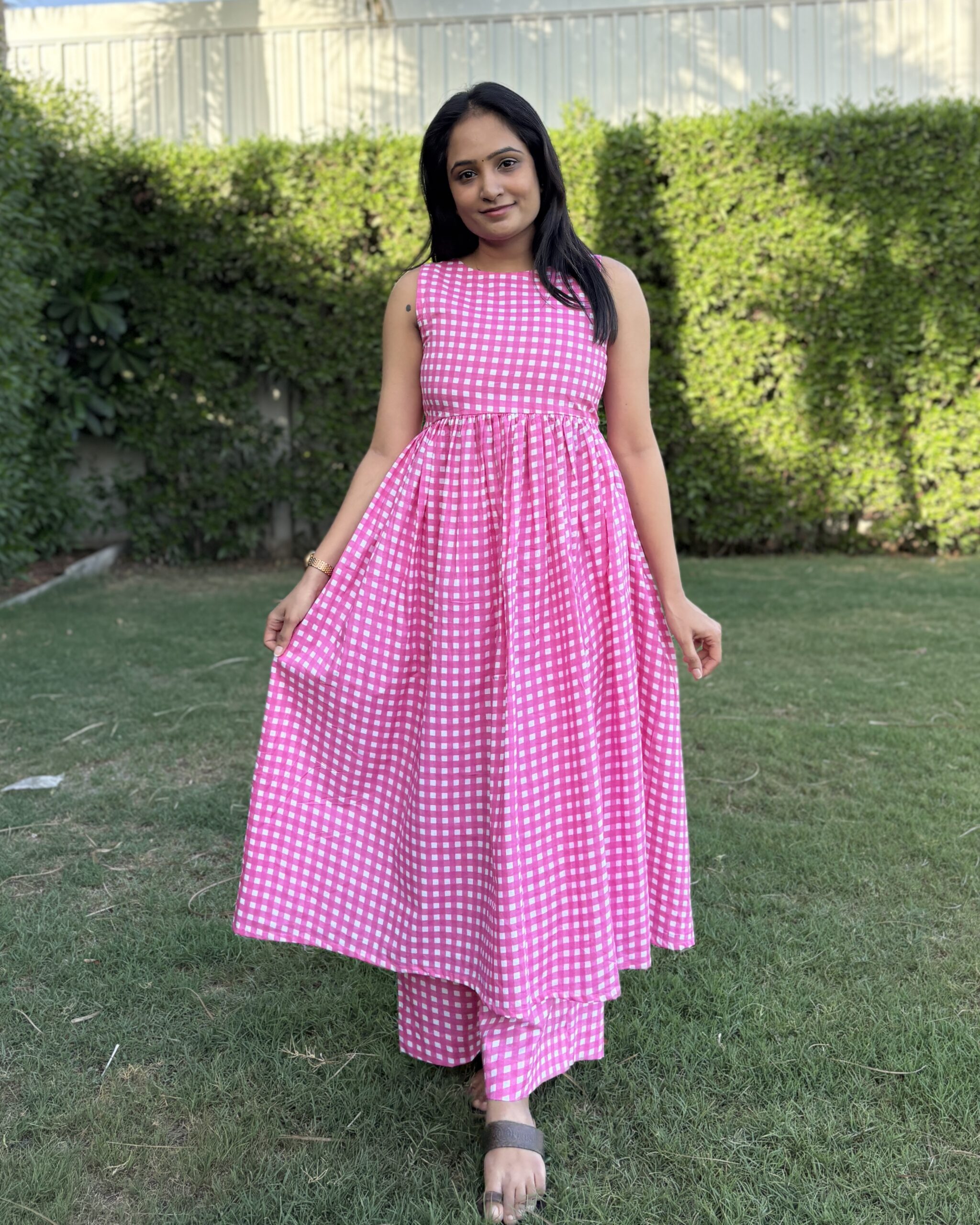 pink checked print premium cotton kurta set