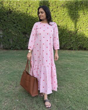 stripe and heart print cotton maxi dress