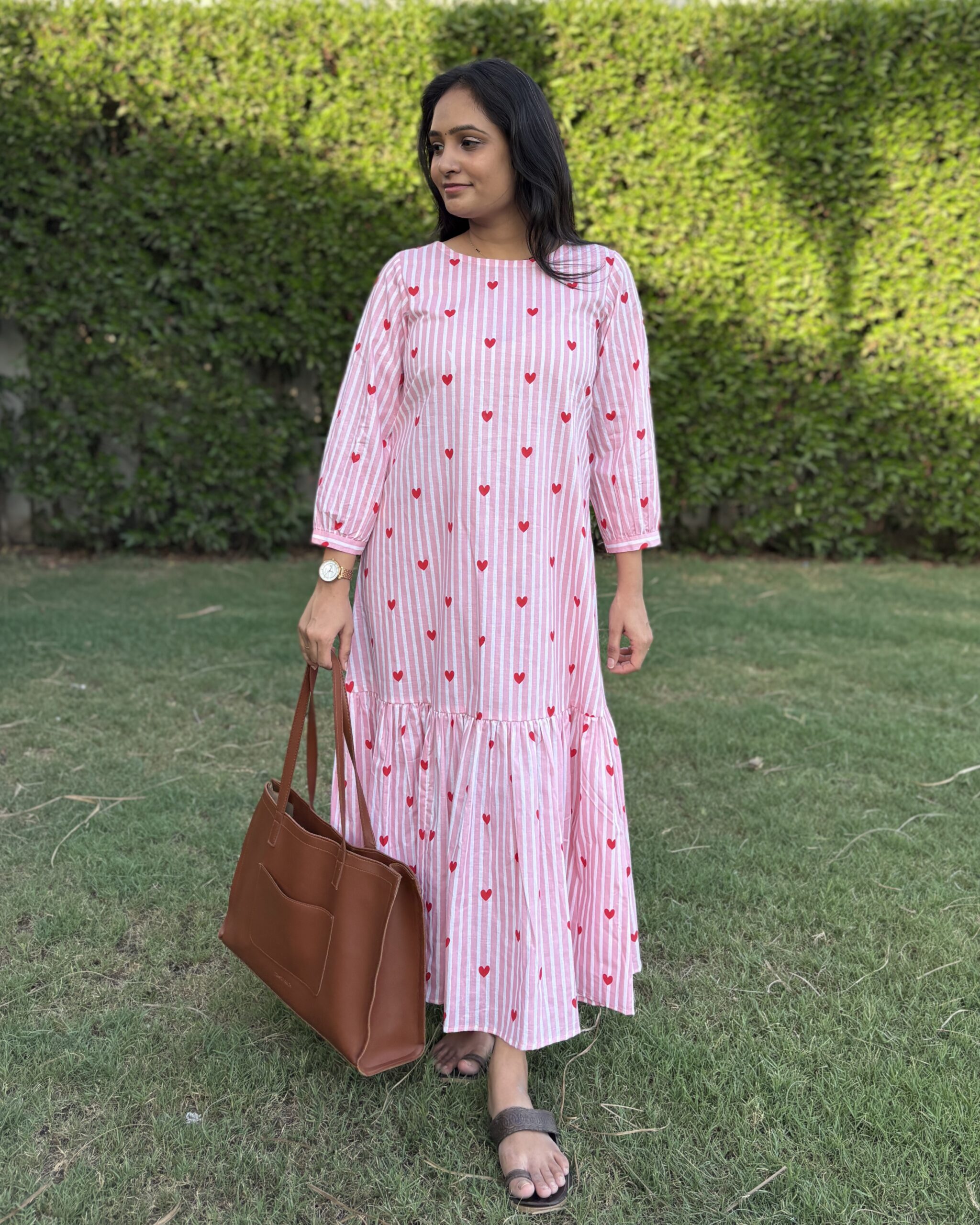 stripe and heart print cotton maxi dress