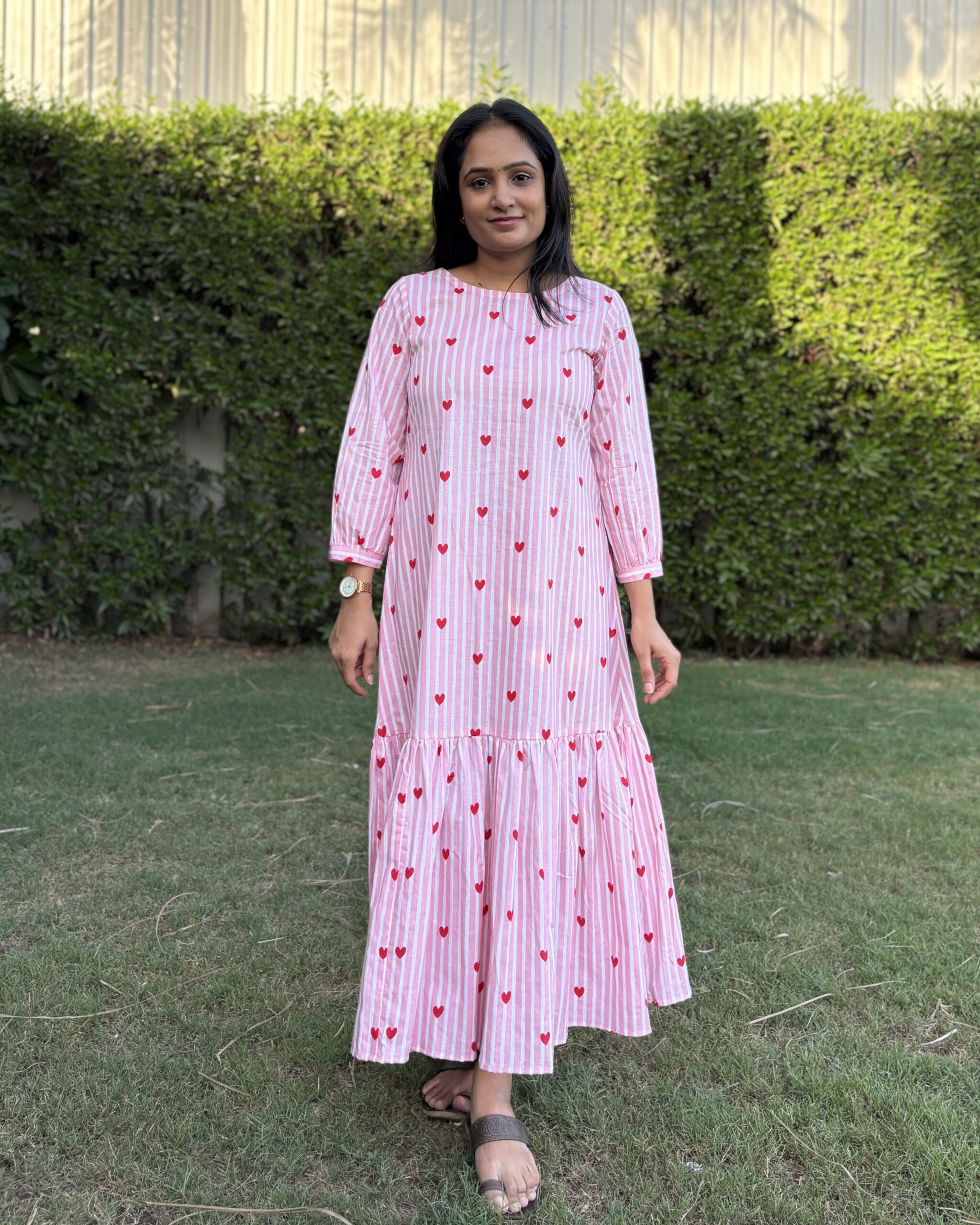stripe and heart print cotton maxi dress