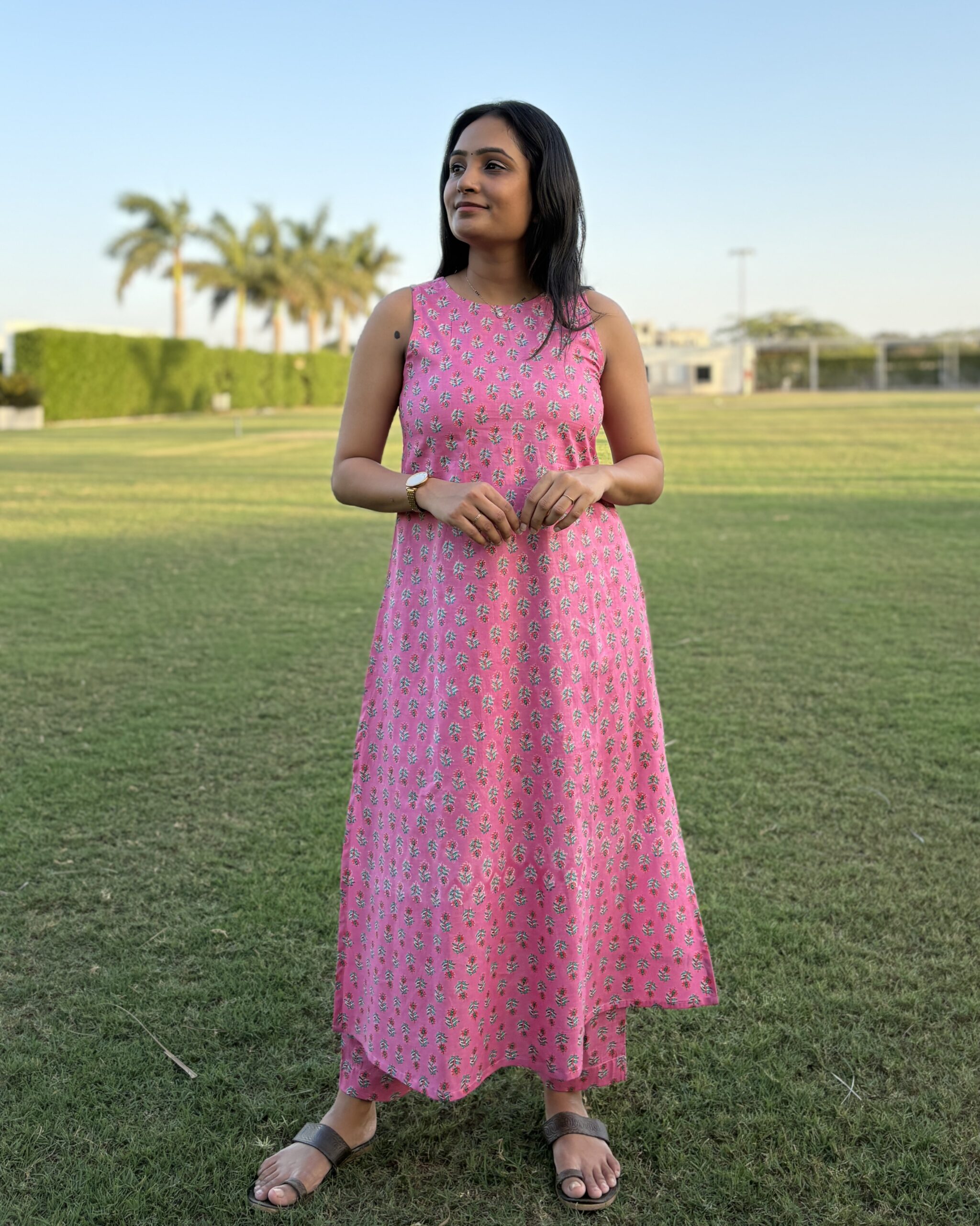 Pink floral print cotton kurta set