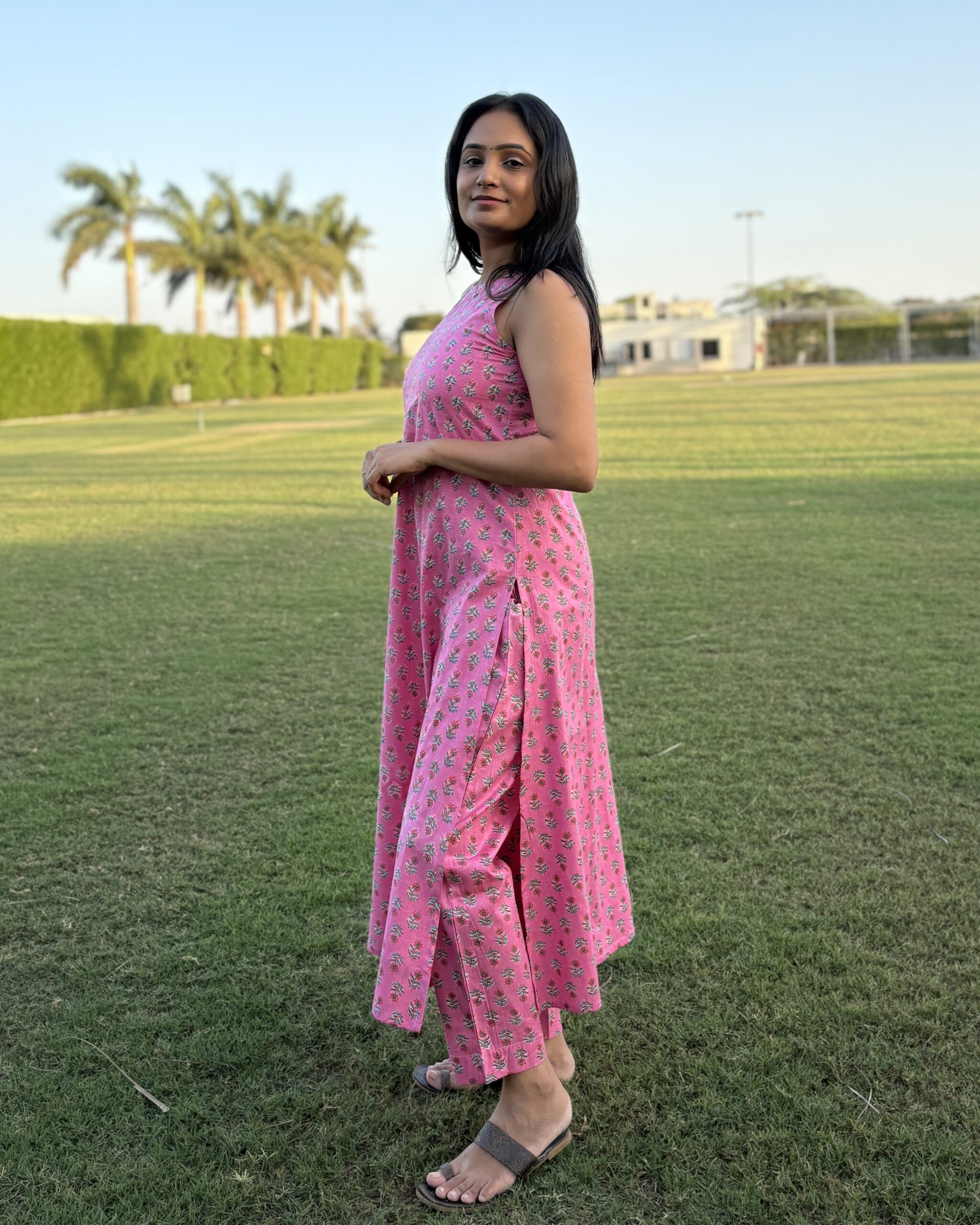 Pink floral print cotton kurta set