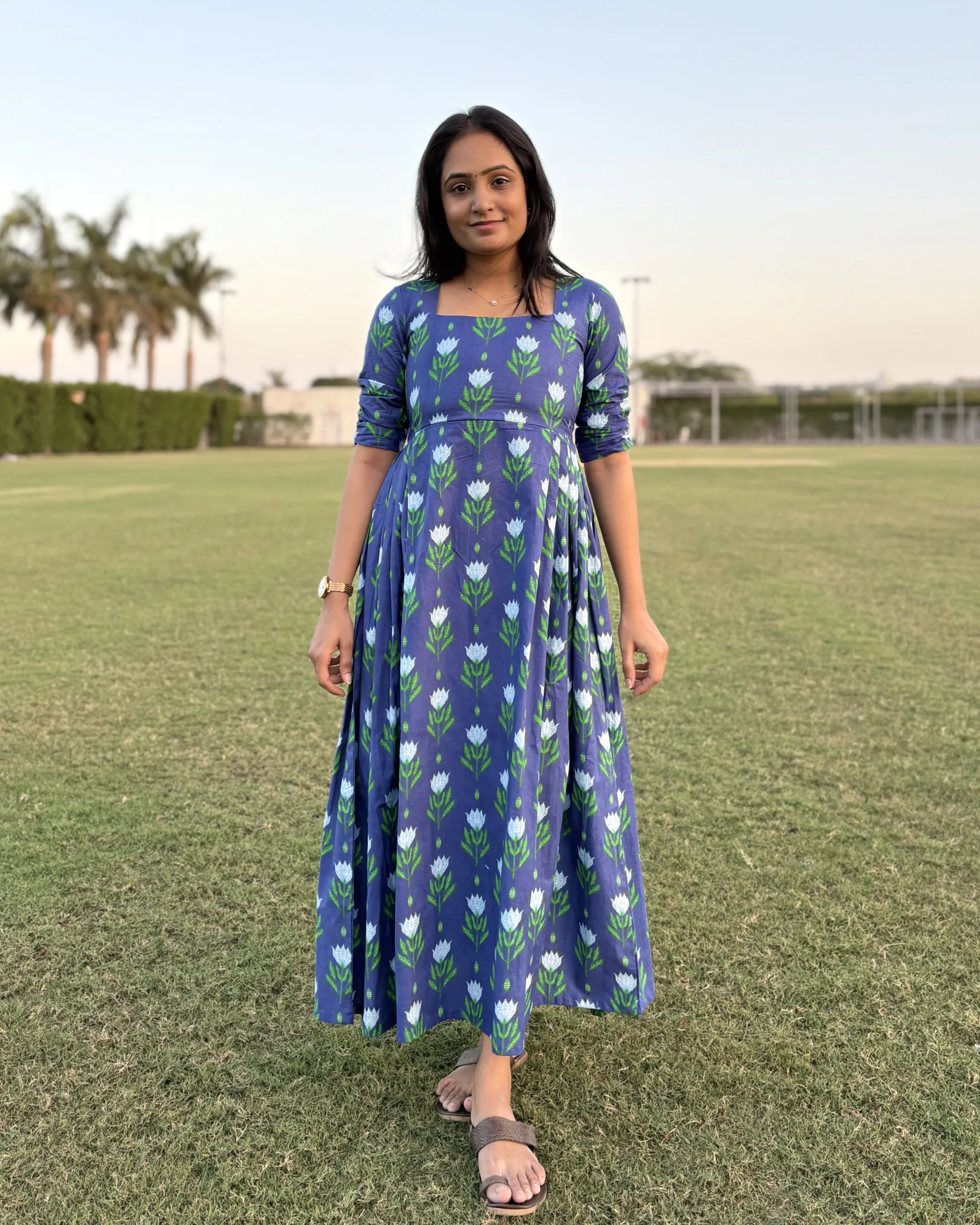 Blue floral print cotton maxi dress